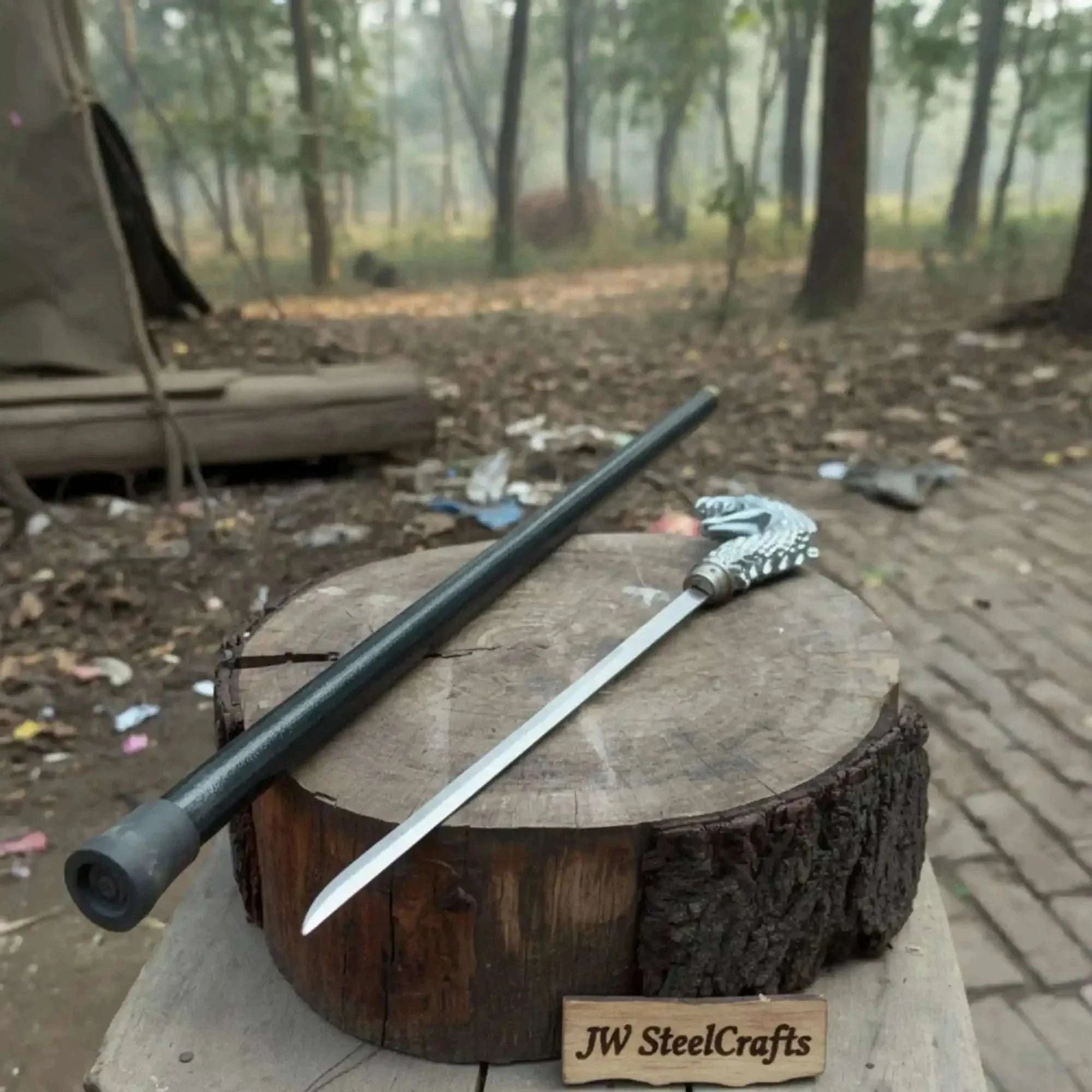 Palmarius Outdoors Handmade Cobra Head Sword Cane with Polished Steel Blade and Black Walking Shaft for Collection and Display 