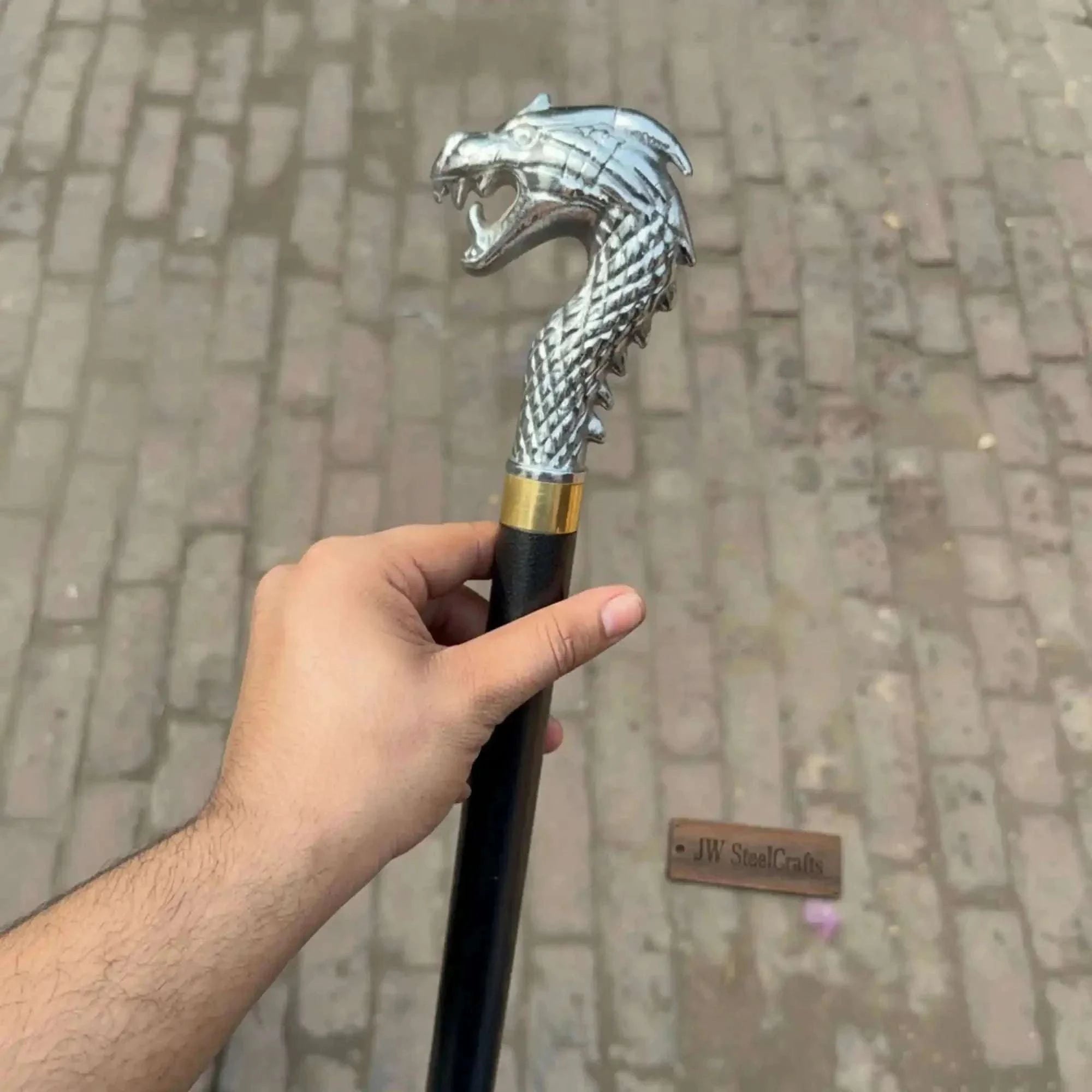 Palmarius Outdoors Handmade Cobra Head Sword Cane with Polished Steel Blade and Black Walking Shaft for Collection and Display 