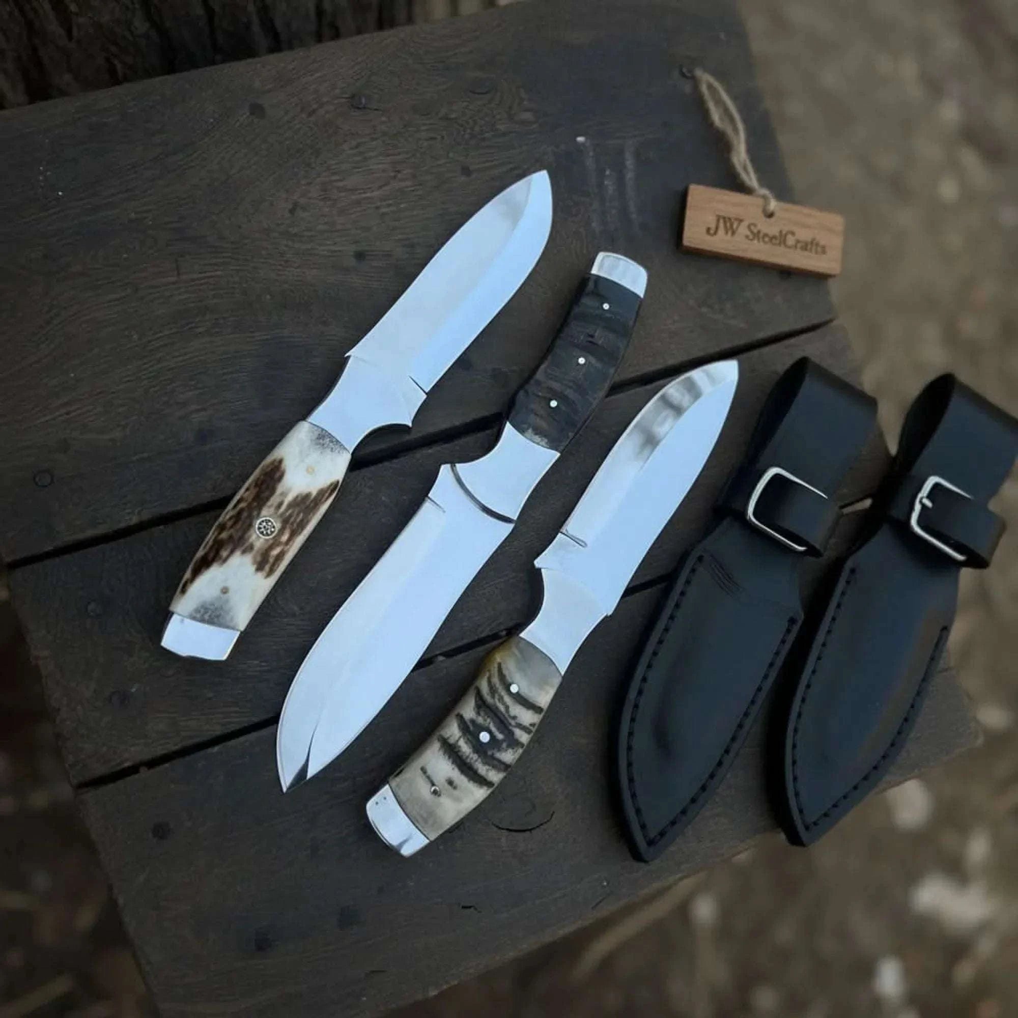 Palmarius Outdoors Handmade Antler Point Hunting Knife Set of 3-Piece Fixed Blade Set with Leather Sheath Hunting Knife