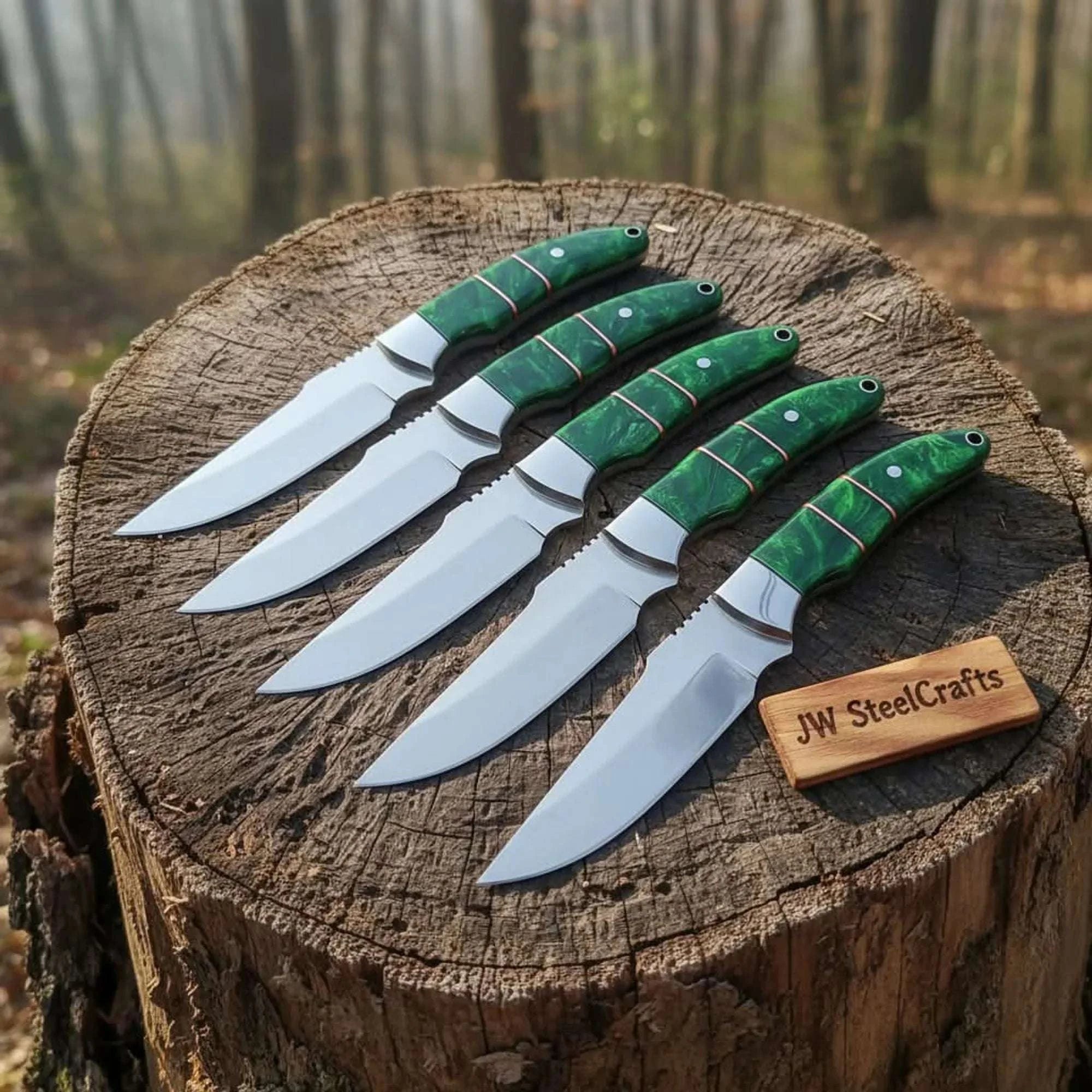 Palmarius Outdoors Hunting Skinner Knife Set Handmade 5-Piece J2 Steel Blades with Green Resin Handles 