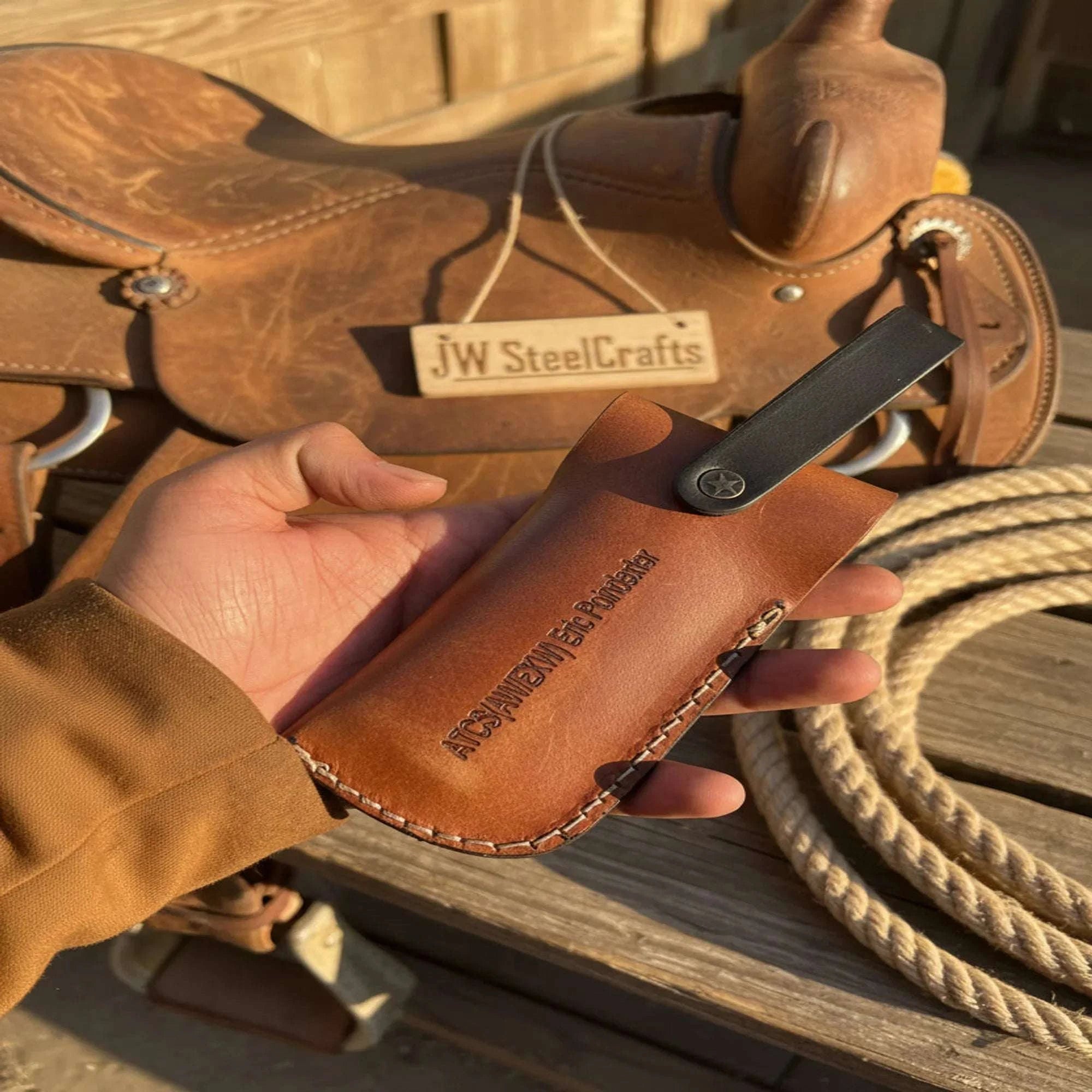 Palmarius Outdoors Patriot Damascus Folding Knife with Leather Sheath 