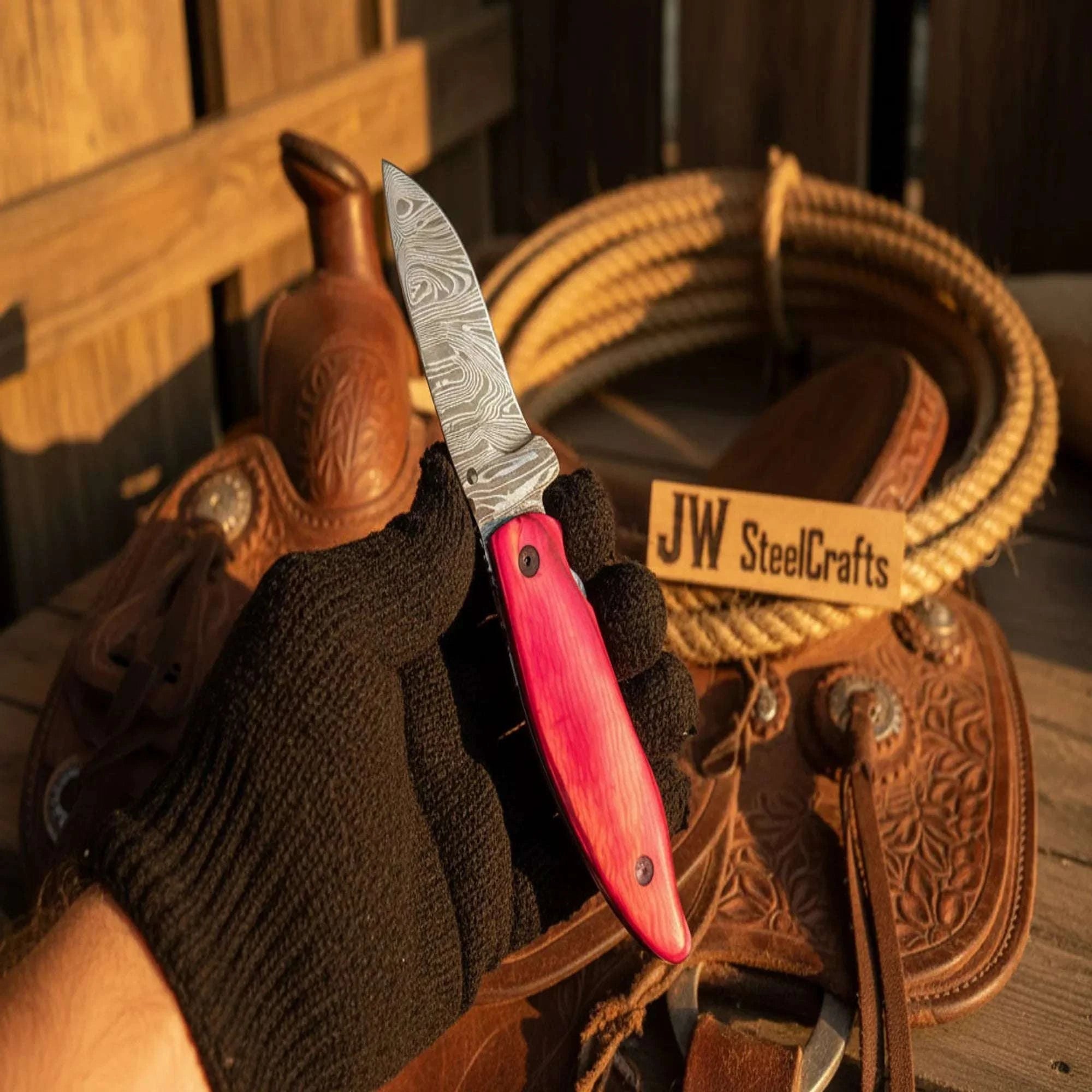 Palmarius Outdoors Pink Pakka Wood Damascus Folding Knife 7” Handmade Persian EDC Pocket Knife 