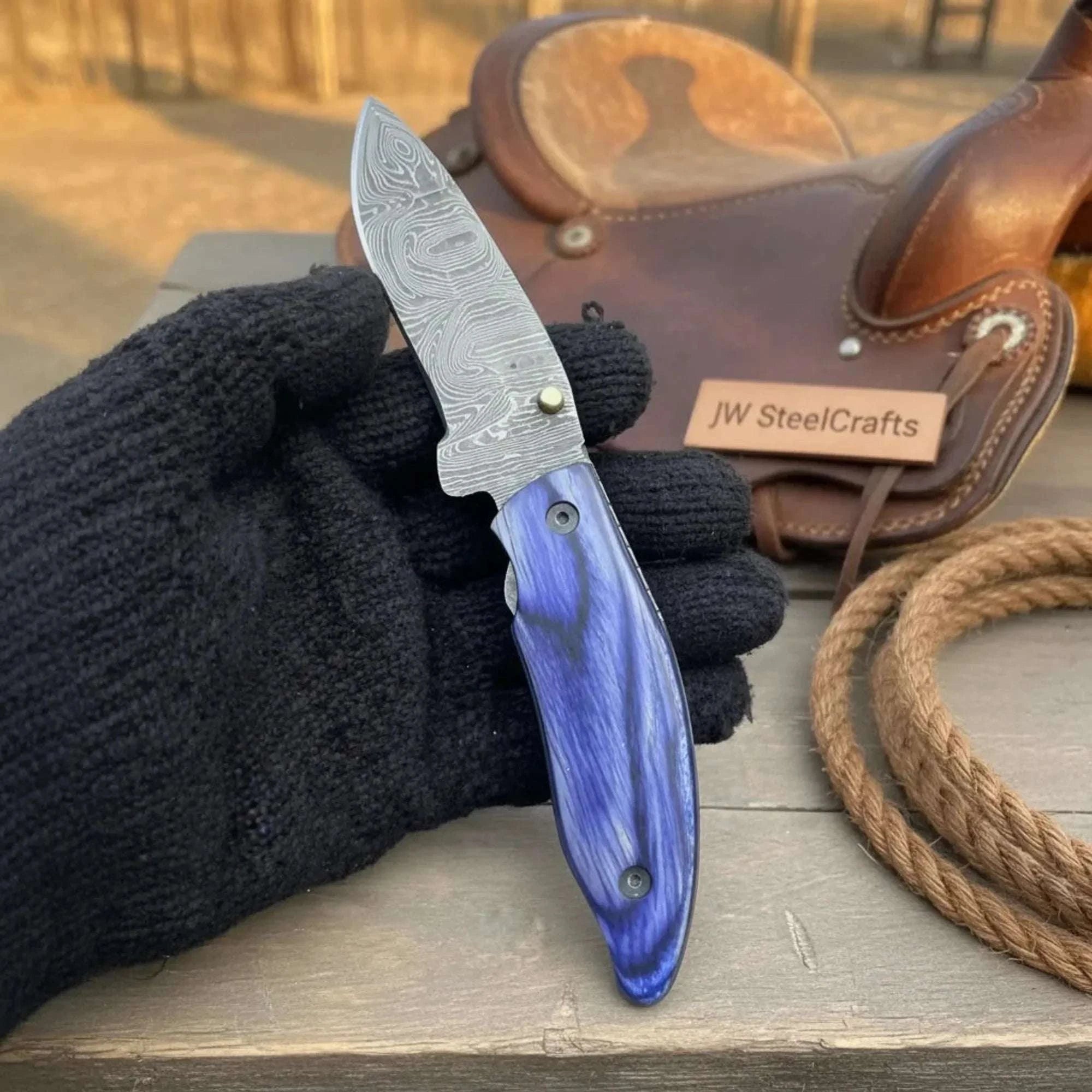 Palmarius Outdoors Hand Forged Damascus Gentleman’s Folding Knife Blue Pakkawood Handle Liner Lock EDC 