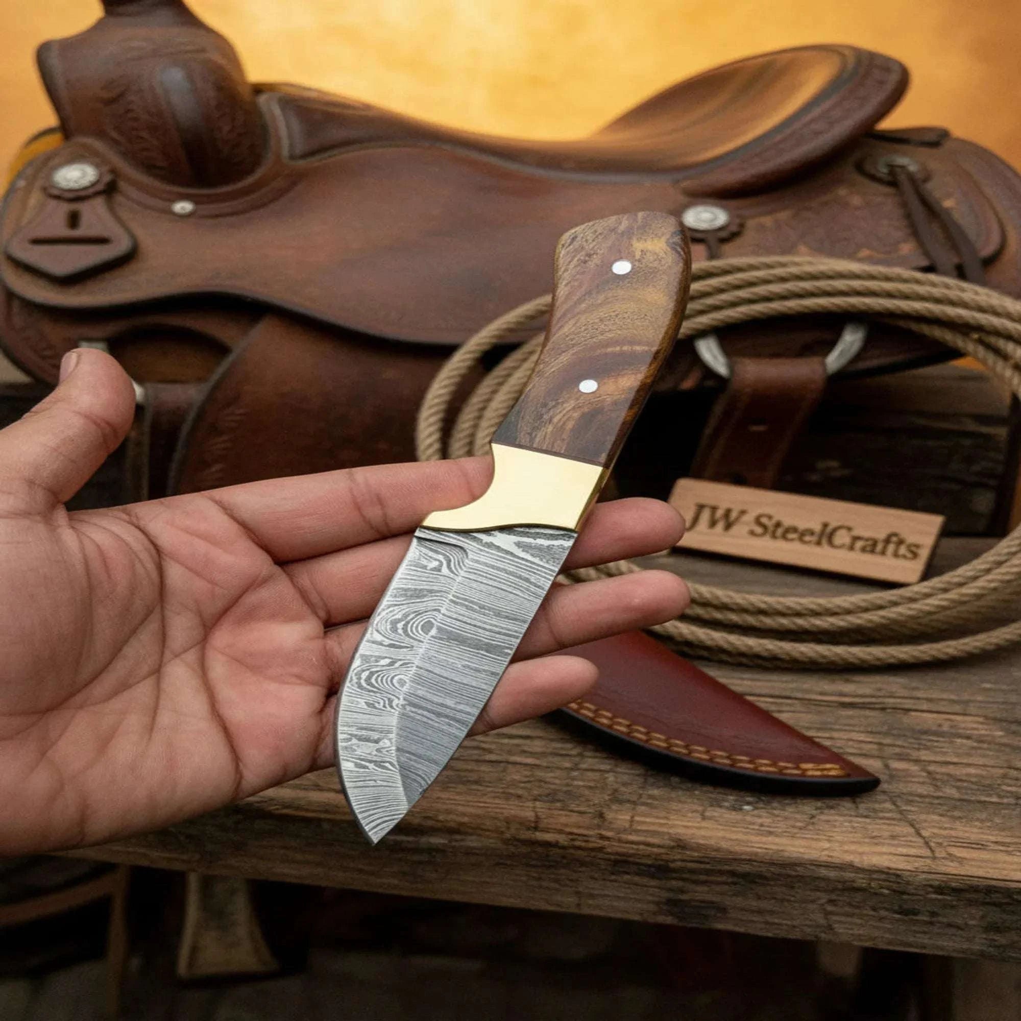 Palmarius Outdoors Handmade Damascus Field Knife 8” Bushcraft Knife Wood Handle with Leather Sheath Bushcraft Knife