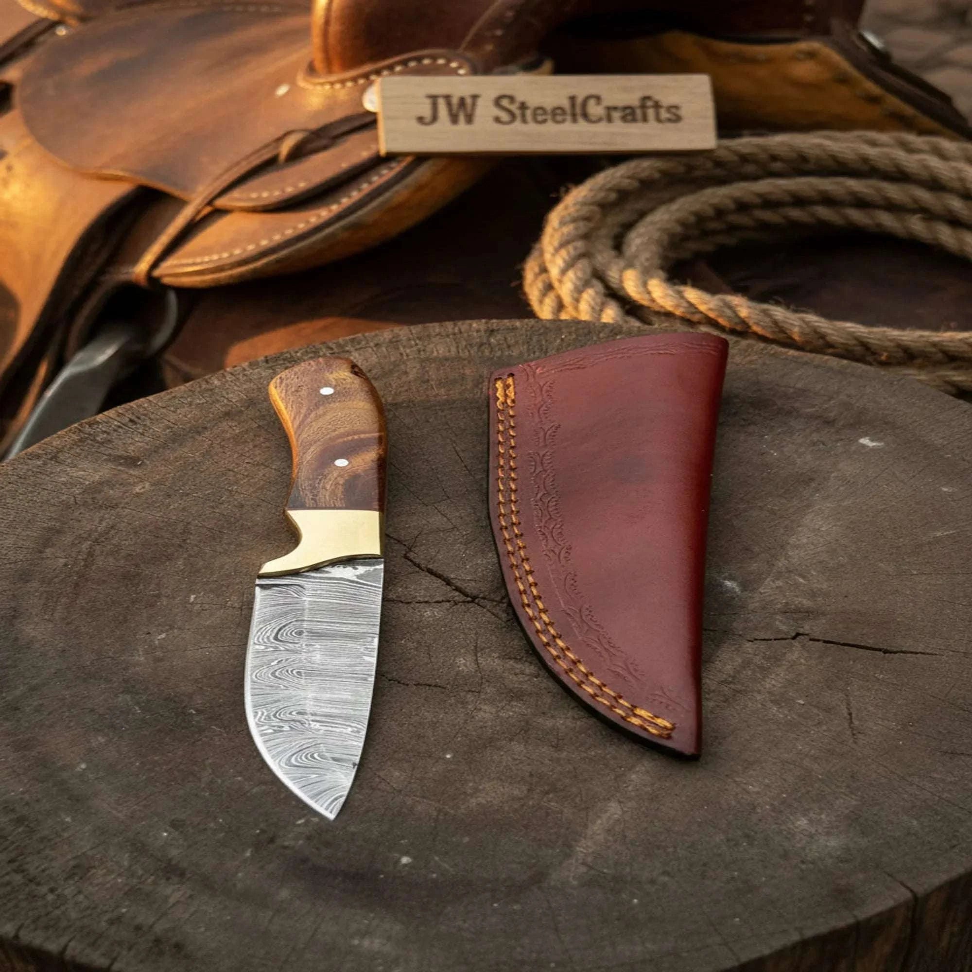 Palmarius Outdoors Handmade Damascus Field Knife 8” Bushcraft Knife Wood Handle with Leather Sheath Bushcraft Knife