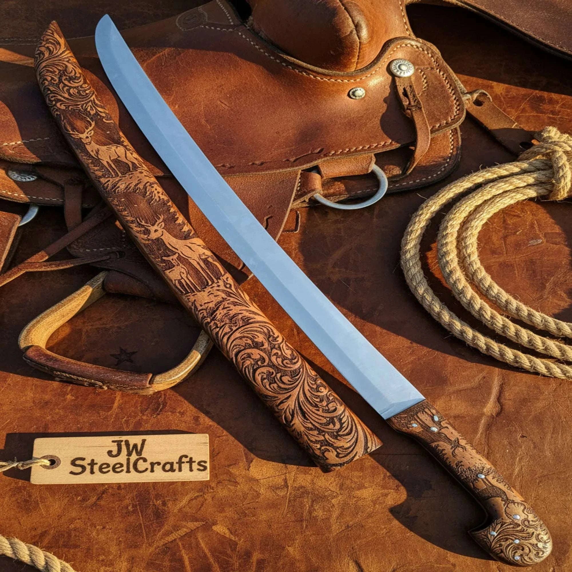 Palmarius Outdoors Handmade Shashka Sword 24” – Caucasian Saber Style Curved Blade with Engraved Scabbard 