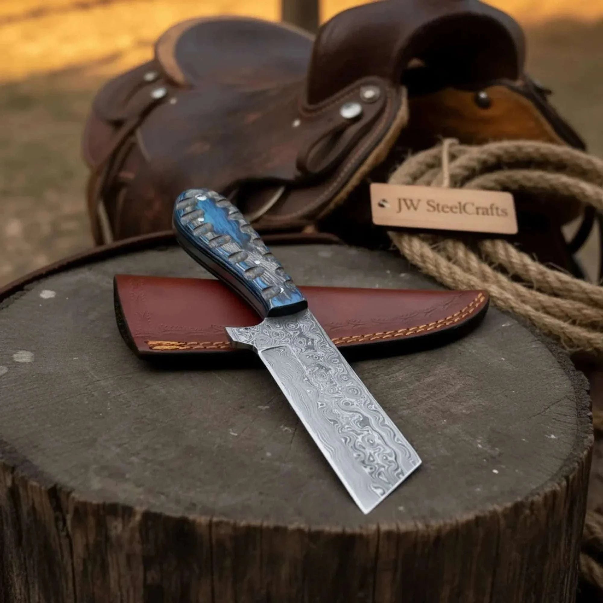 Palmarius Outdoors Western Bull Cutter 7” Knife – Damascus Ranch Blade with Blue Stabilized Handle & Sheath 