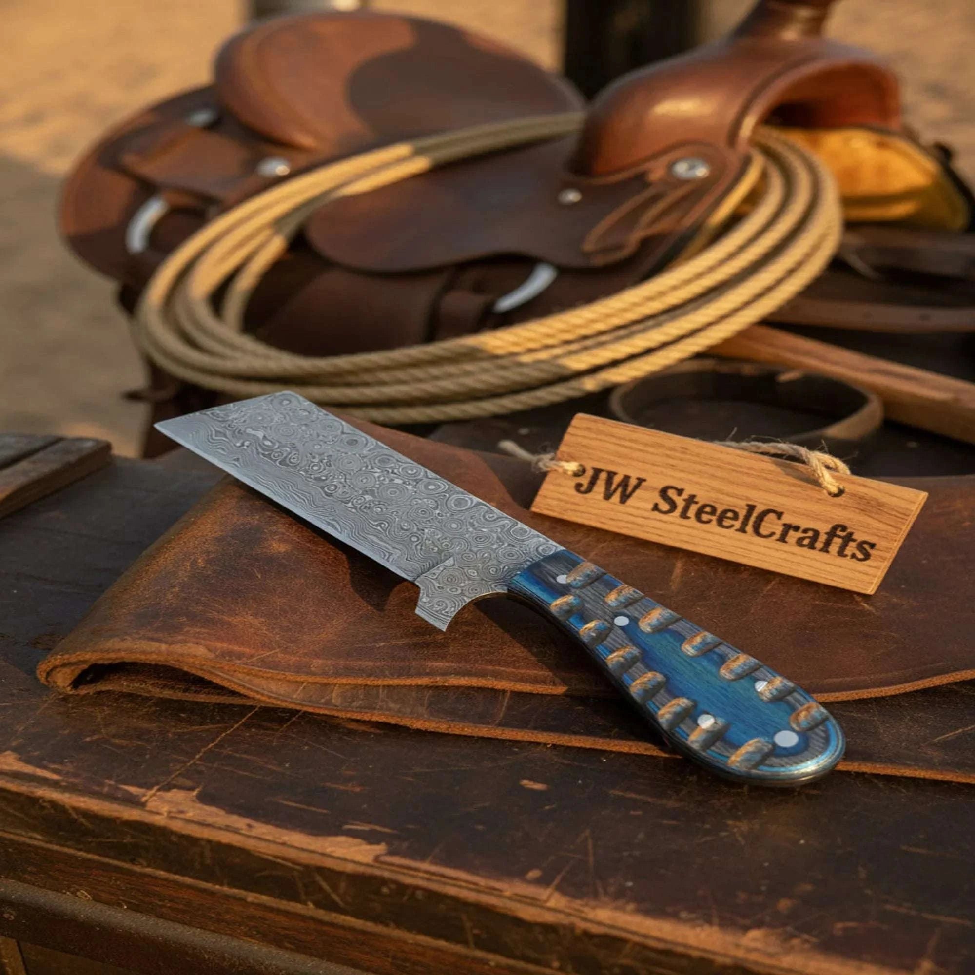 Palmarius Outdoors Western Bull Cutter 7” Knife – Damascus Ranch Blade with Blue Stabilized Handle & Sheath 