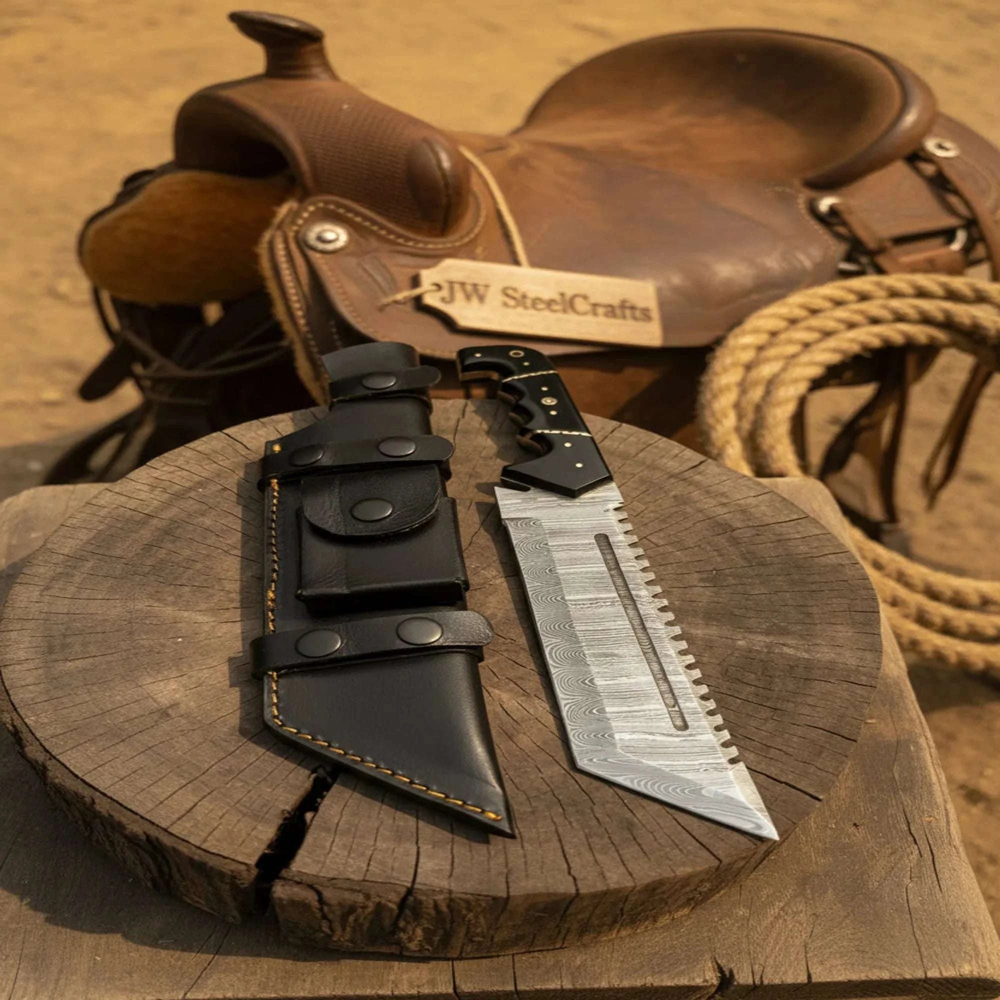 Palmarius Outdoors Handmade Damascus Tracker Knife 12” Sawback Blade Survival Knife Black resin Handle & Sheath 