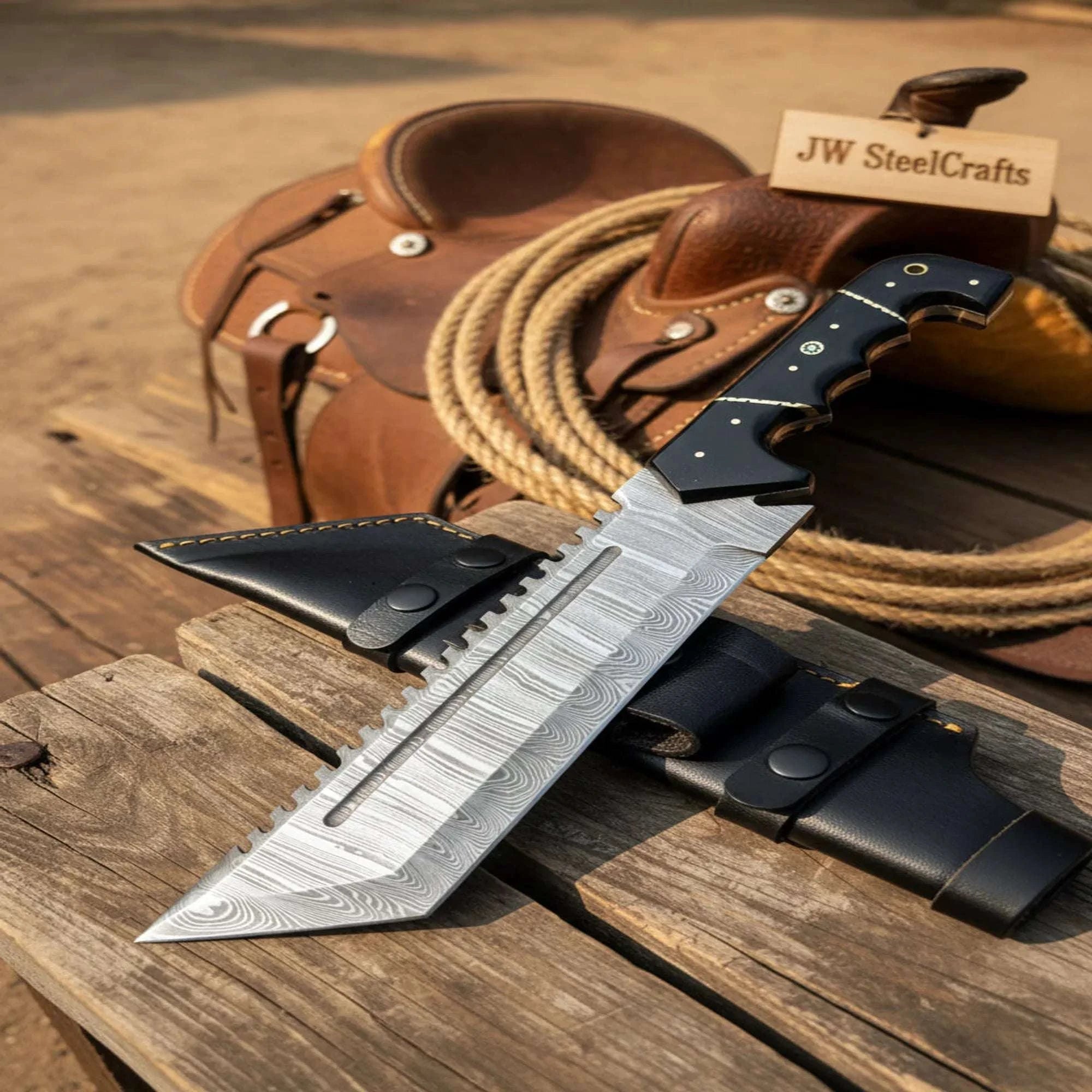 Palmarius Outdoors Handmade Damascus Tracker Knife 12” Sawback Blade Survival Knife Black resin Handle & Sheath 