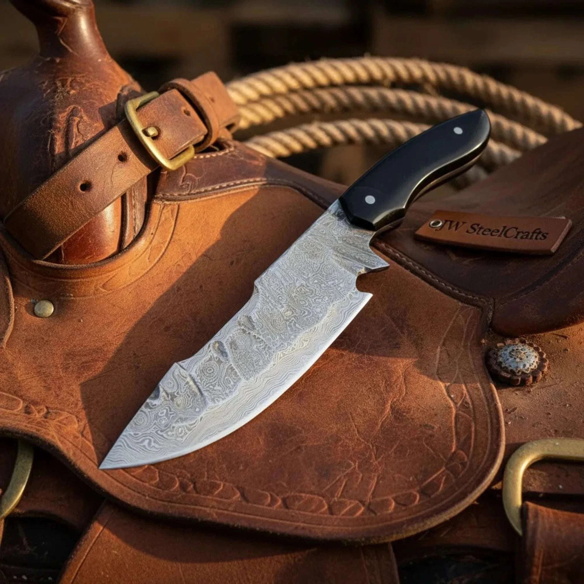 Palmarius Outdoors Damascus Field Knife 9” Blade Handmade Black Epoxy Resin Handle with Sheath Tracker Knife