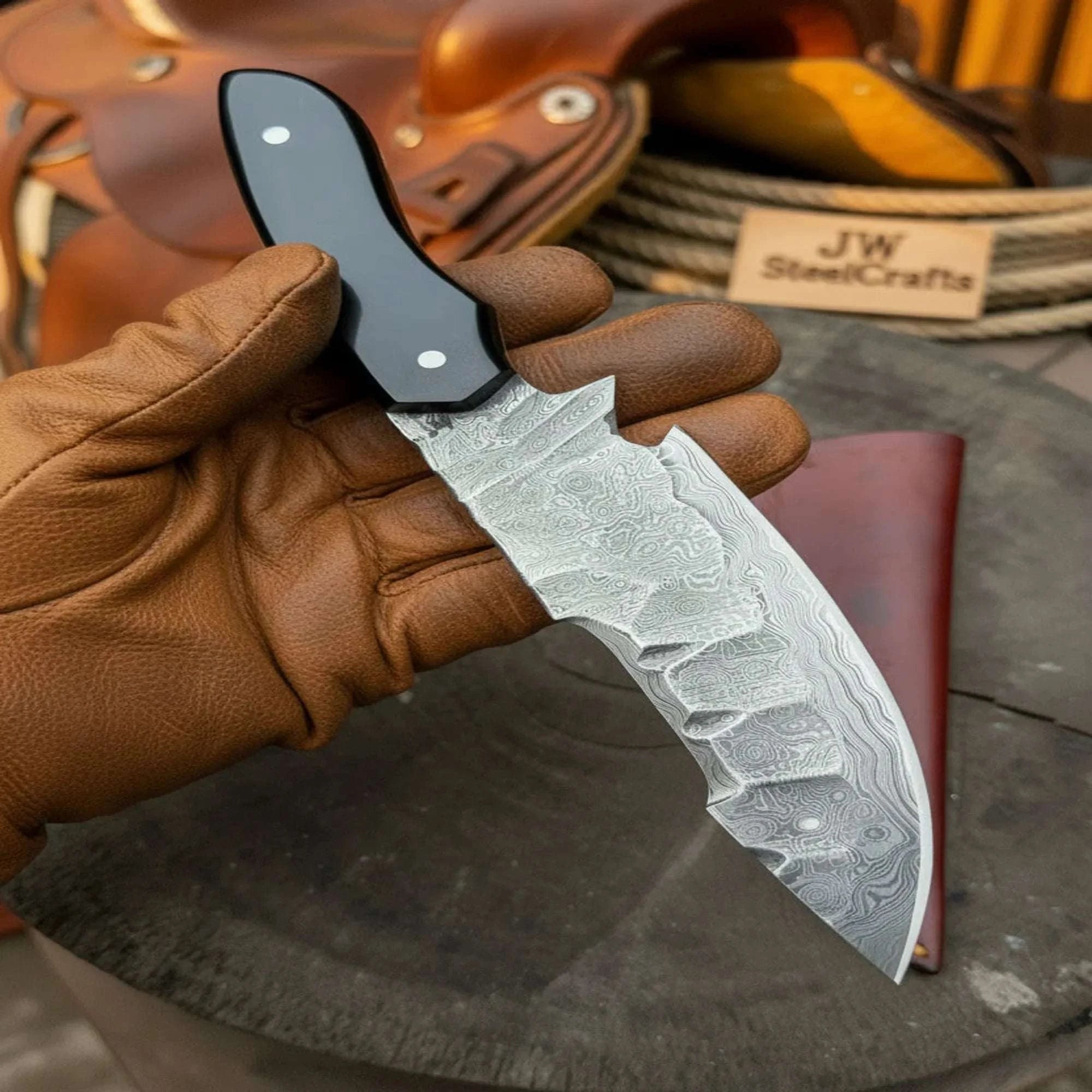 Palmarius Outdoors Damascus Field Knife 9” Blade Handmade Black Epoxy Resin Handle with Sheath Tracker Knife