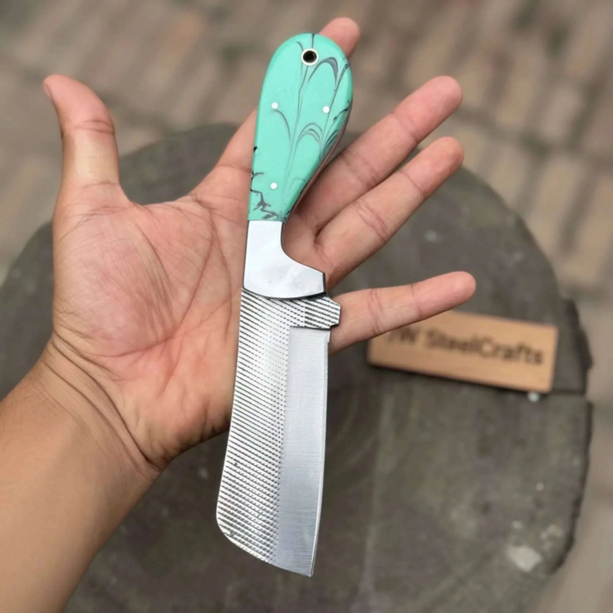 Palmarius Outdoors 7.5-Inch Rasp Steel Bull Cutter Knife — Teal Marbled Resin Handle, Silver Pins, Lanyard Hole & Leather Sheath | JW Steel Crafts 