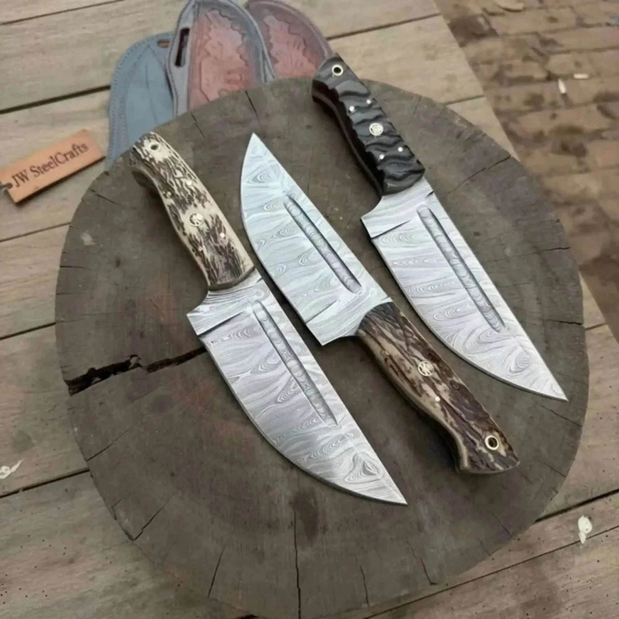 Palmarius Outdoors Premium Handmade Hunting Knife Set (3-Piece) Damascus Steel Fixed Blade Leather Sheaths 