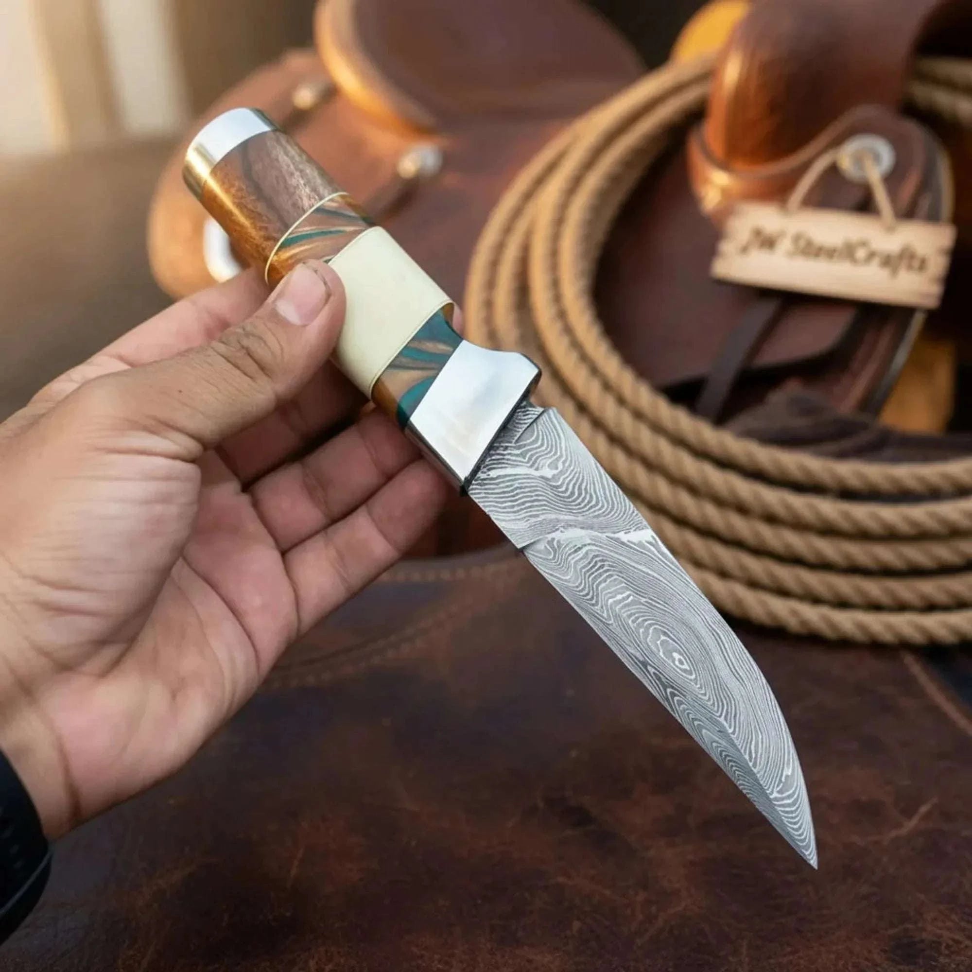 Palmarius Outdoors Hunting Knife 4.5” Damascus Steel Straight Back Blade Hybrid Wood Resin Handle Viking-Inspired 