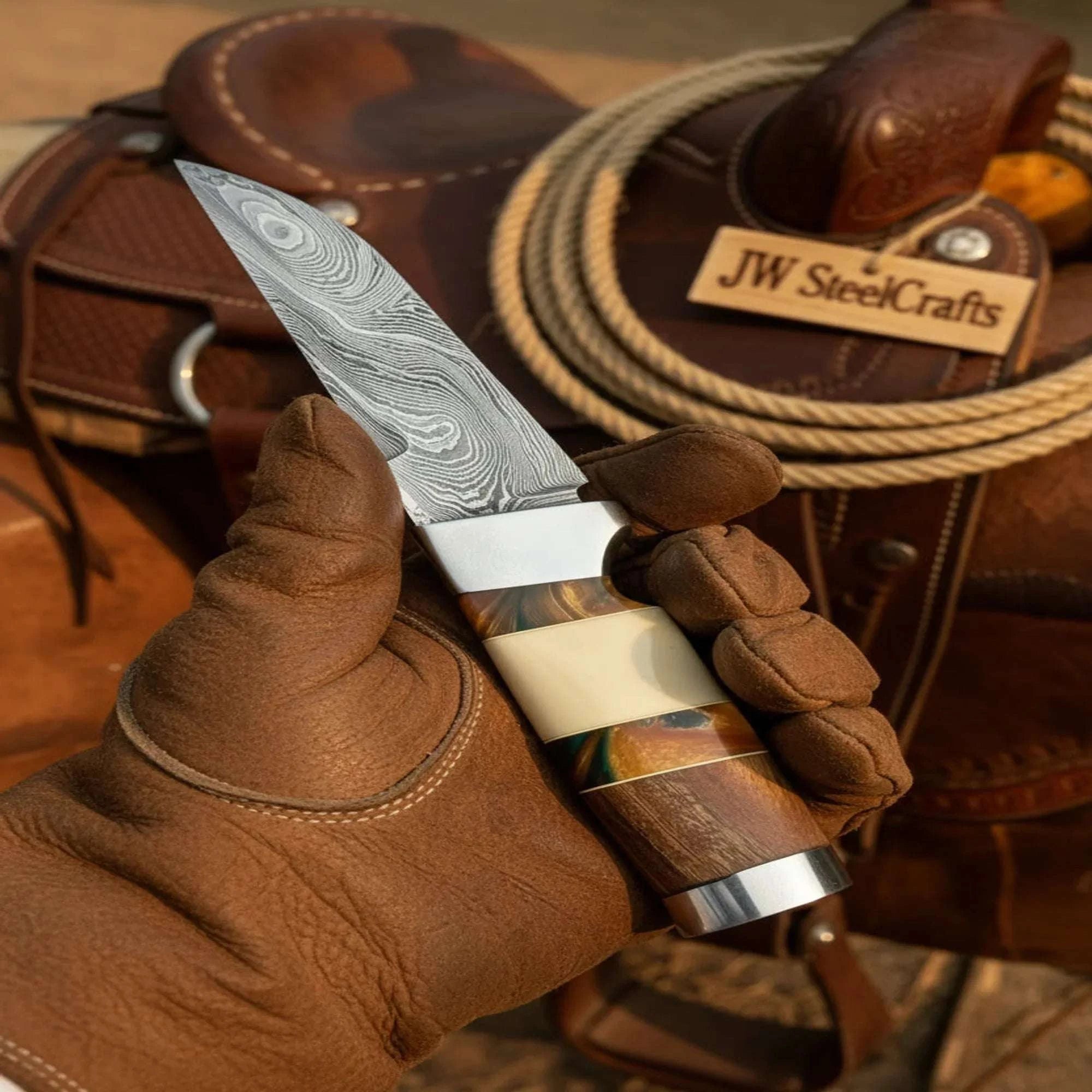 Palmarius Outdoors Hunting Knife 4.5” Damascus Steel Straight Back Blade Hybrid Wood Resin Handle Viking-Inspired 