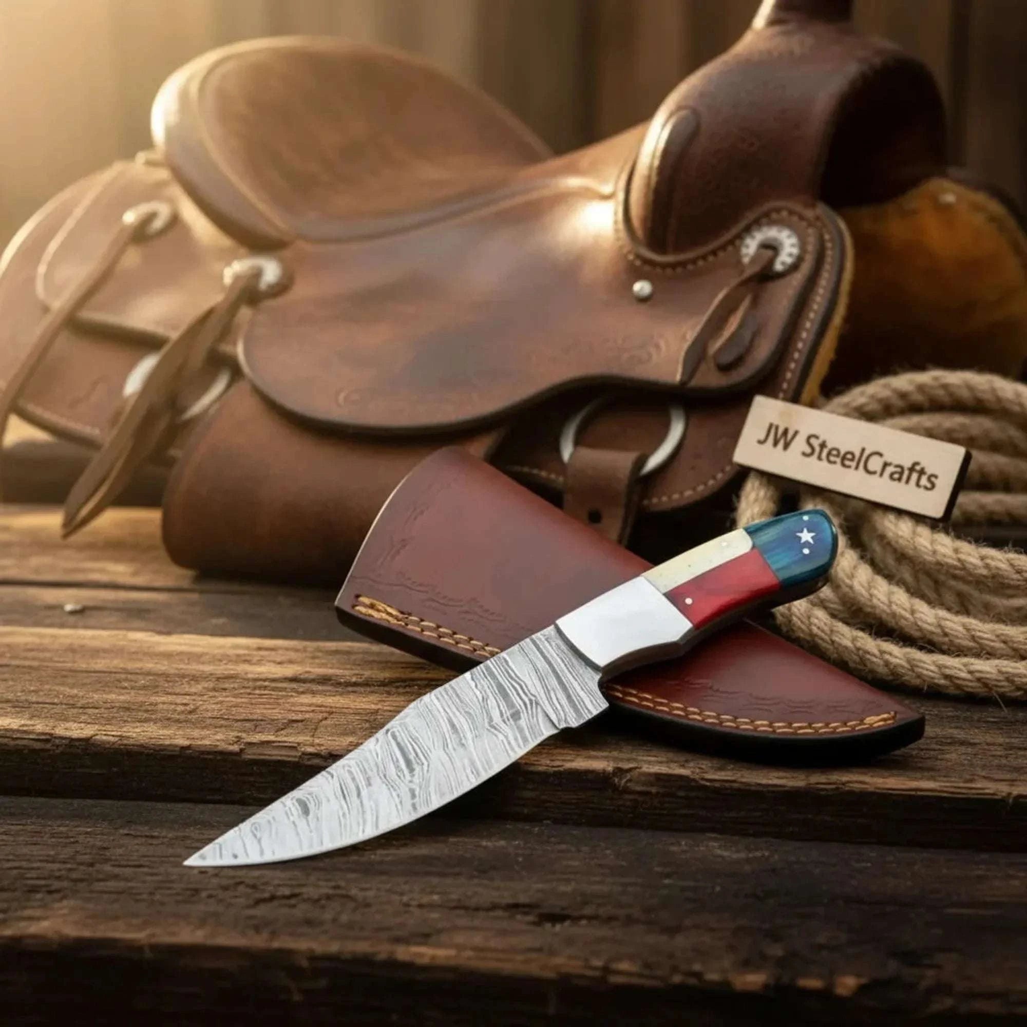 Palmarius Outdoors Damascus Camping Knife Fixed Blade USA Flag Resin Handle Outdoor Utility Knife with Sheath 