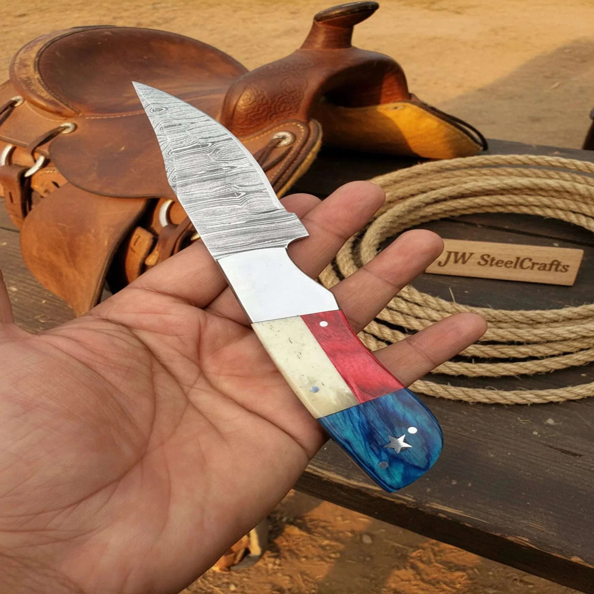 Palmarius Outdoors Damascus Camping Knife Fixed Blade USA Flag Resin Handle Outdoor Utility Knife with Sheath 