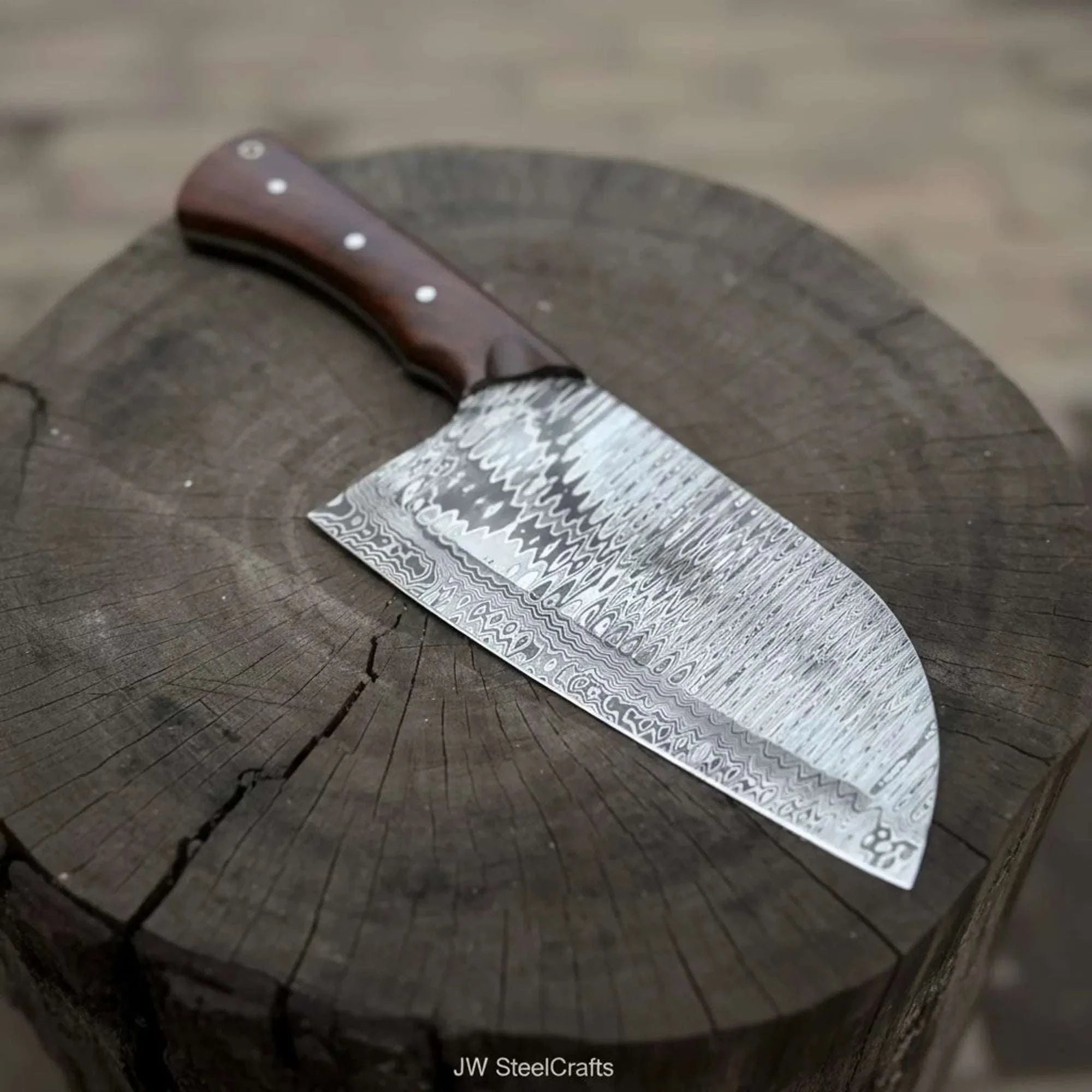 Palmarius Outdoors 10-Inch Damascus Camp Cleaver — 5.5 Inch Blade, Tali Wood Handle, Silver Pins & Black Spacer Cleaver Knives