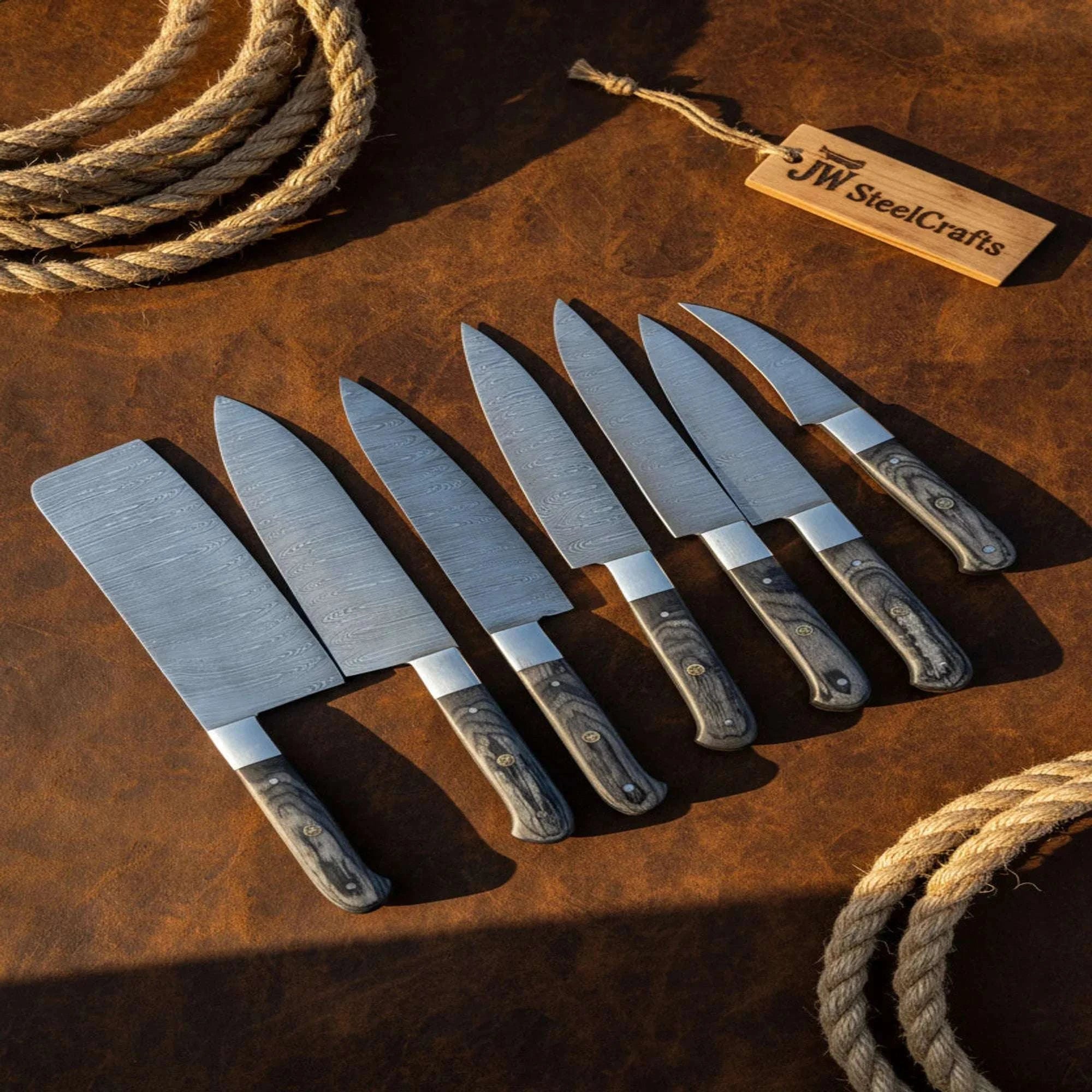 Palmarius Outdoors 7-Piece Hammer Forged Damascus Chef Knife Set with Black Pakka Wood Handles Handmade Chef Knife Sets