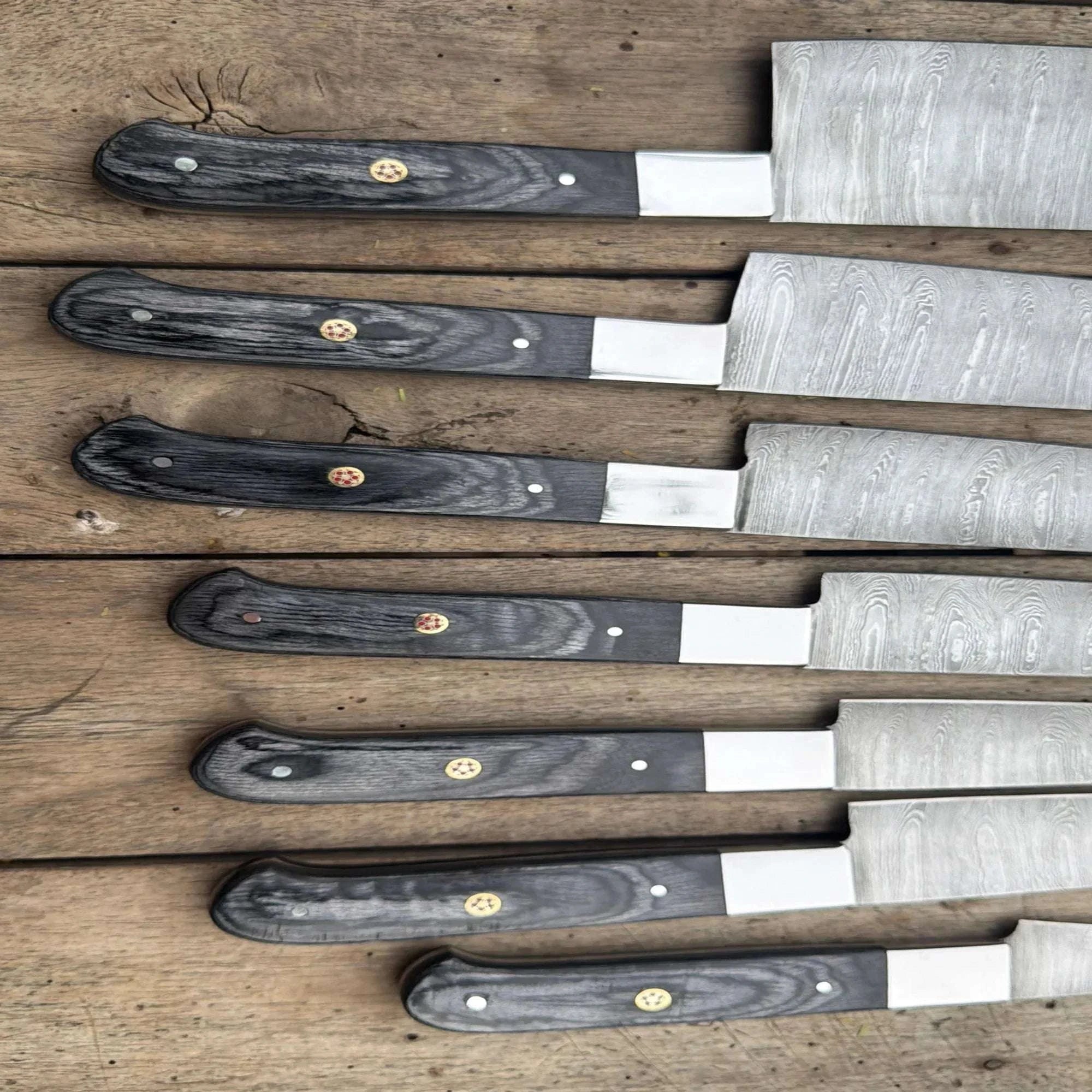 Palmarius Outdoors 7-Piece Hammer Forged Damascus Chef Knife Set with Black Pakka Wood Handles Handmade Chef Knife Sets
