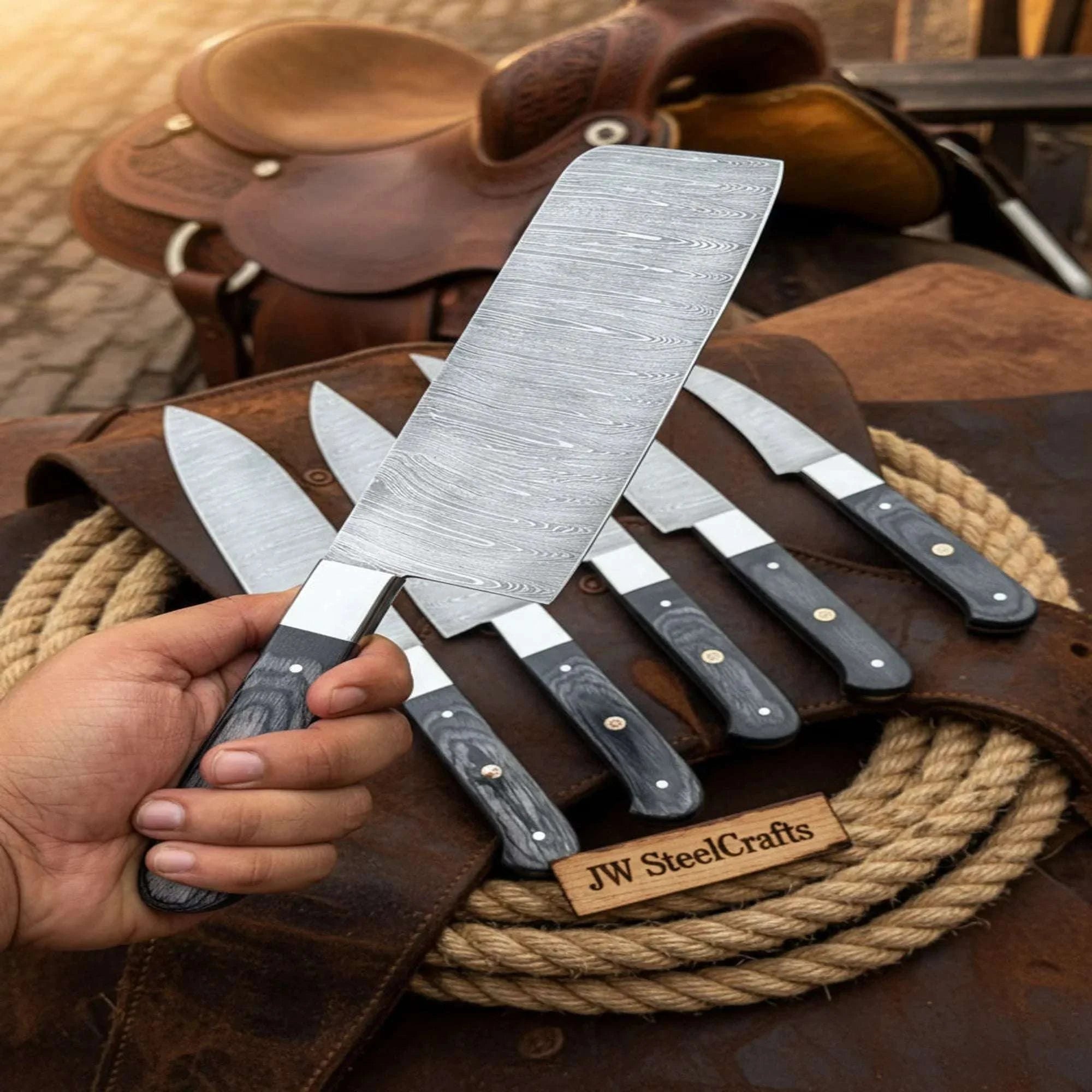 Palmarius Outdoors 7-Piece Hammer Forged Damascus Chef Knife Set with Black Pakka Wood Handles Handmade Chef Knife Sets