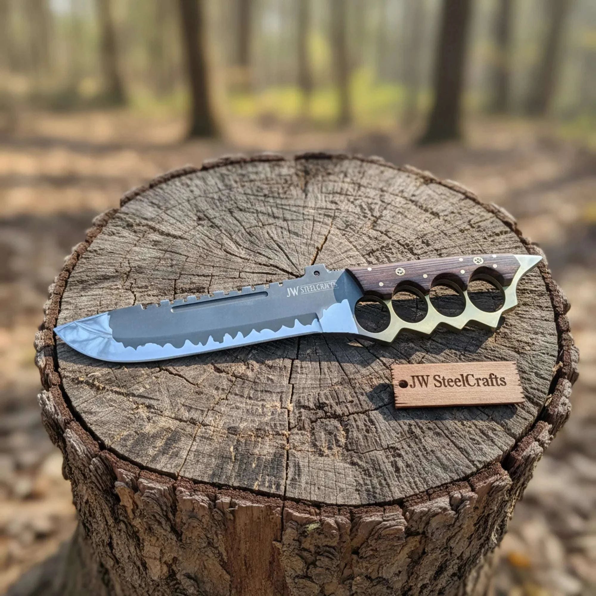 Palmarius Outdoors 14-Inch High Carbon Steel Combat Knife — Acid Etched Tanto Blade, Knuckle Duster Guard & Wenge Wood Handle Survival Knife