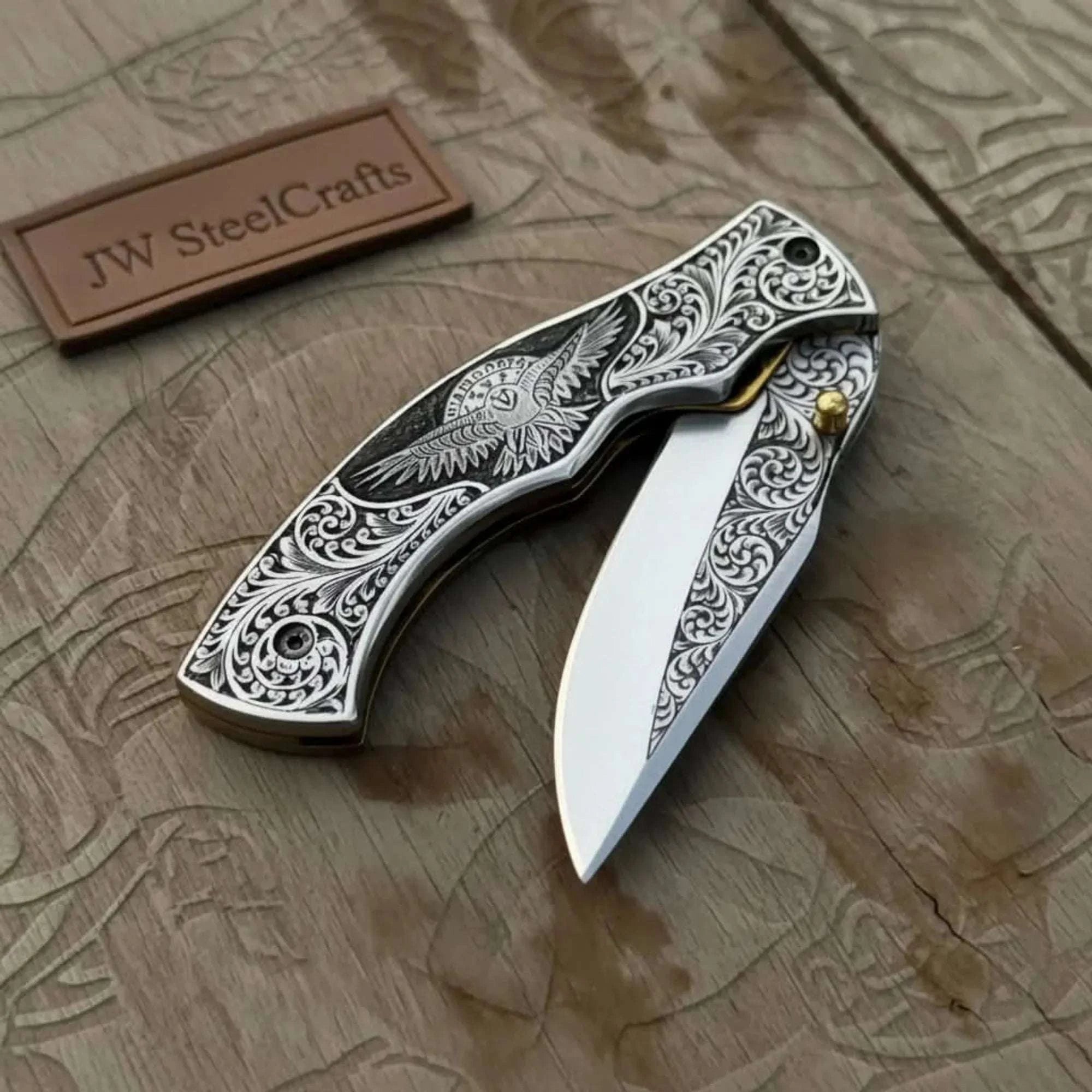 Palmarius Outdoors Hand Engraved Neck Folding Knife with Eagle Motif Stainless Steel Scales Folding Knife