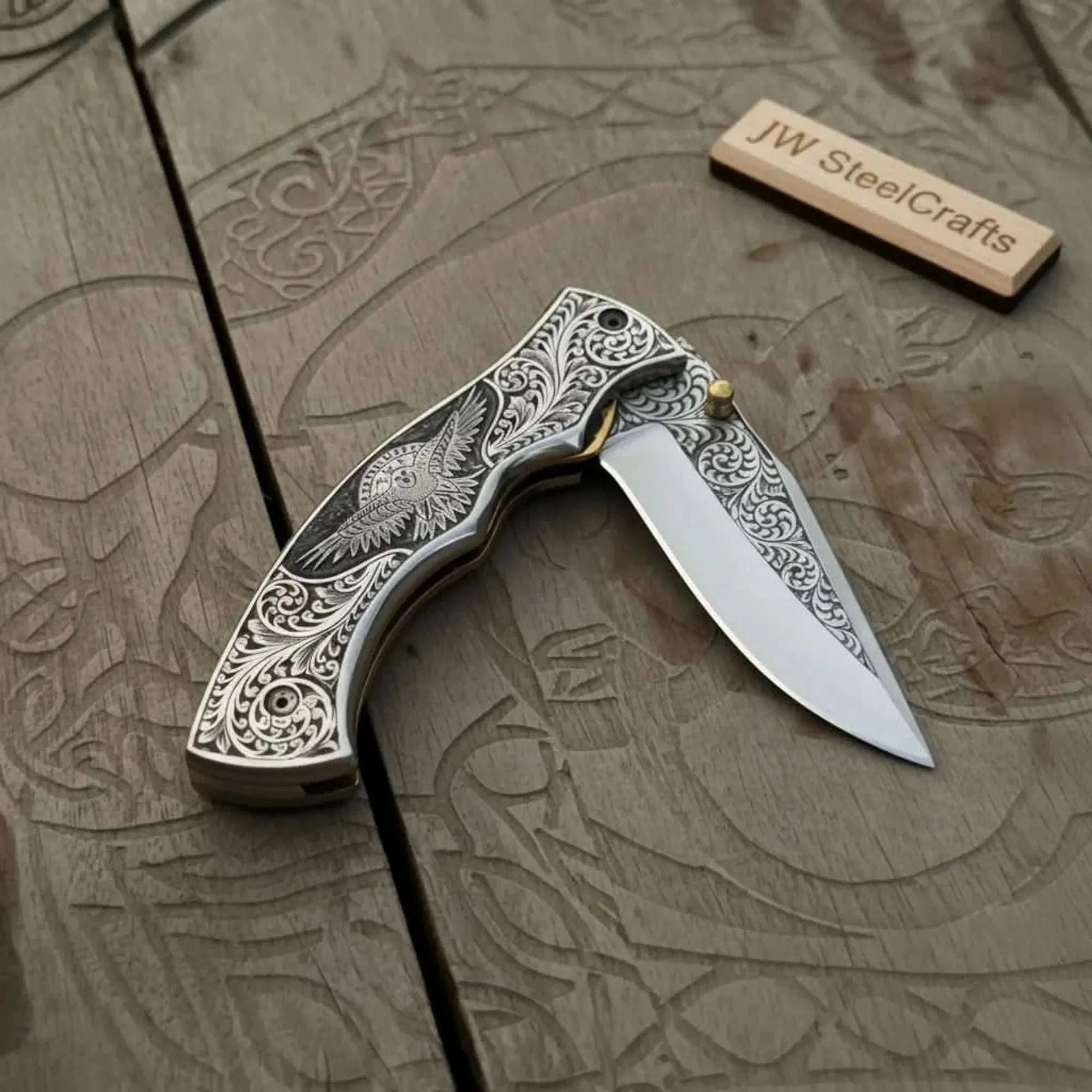 Palmarius Outdoors Hand Engraved Neck Folding Knife with Eagle Motif Stainless Steel Scales Folding Knife