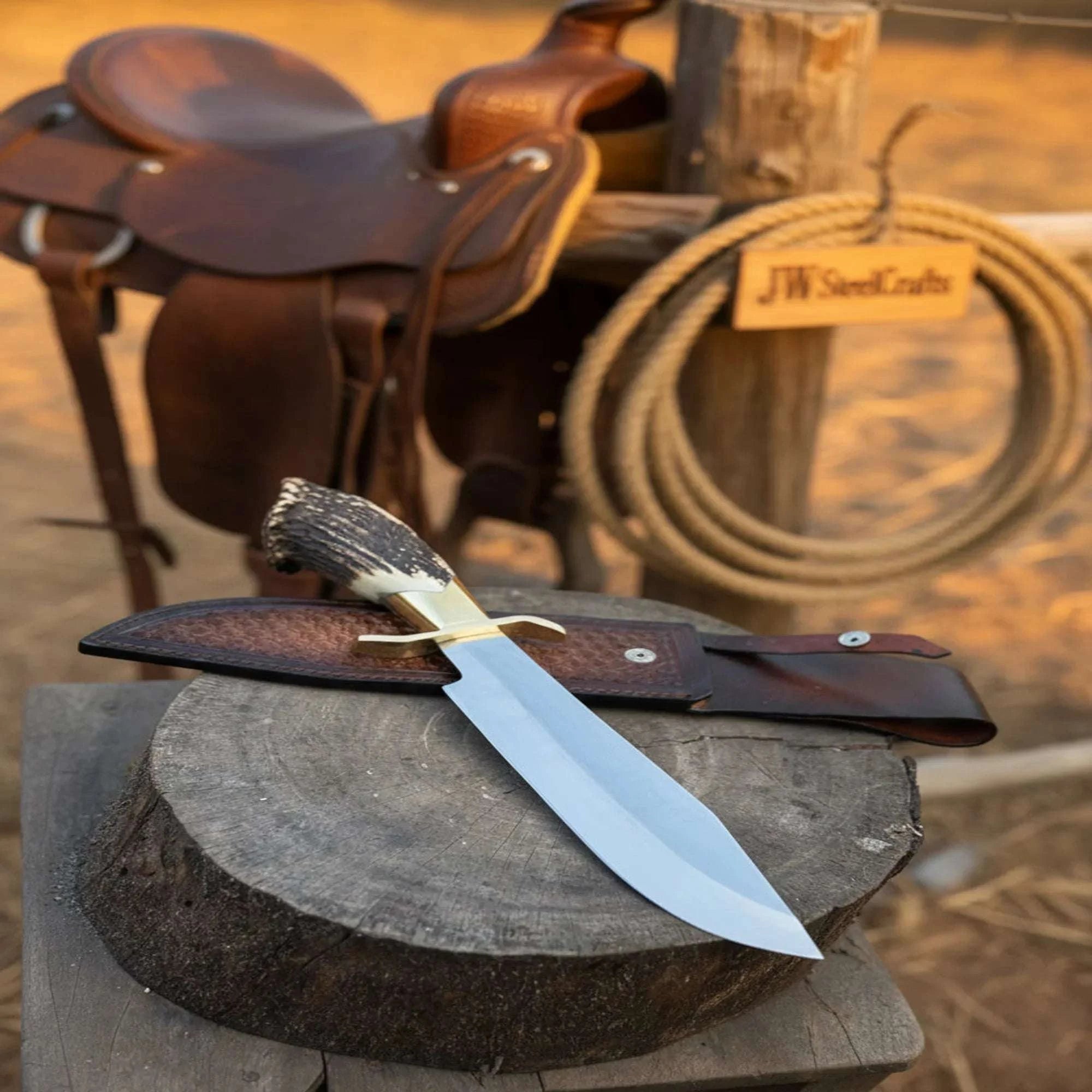 Palmarius Outdoors Handmade Carbon Steel Hunting Knife with Stag Horn Handle & Leather Sheath 