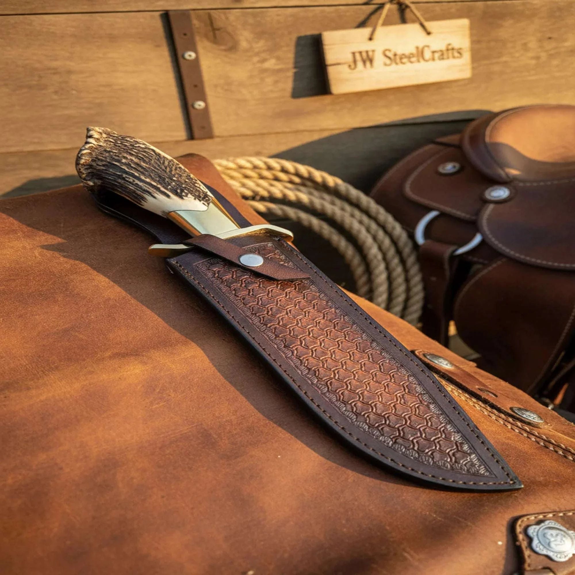 Palmarius Outdoors Handmade Carbon Steel Hunting Knife with Stag Horn Handle & Leather Sheath 