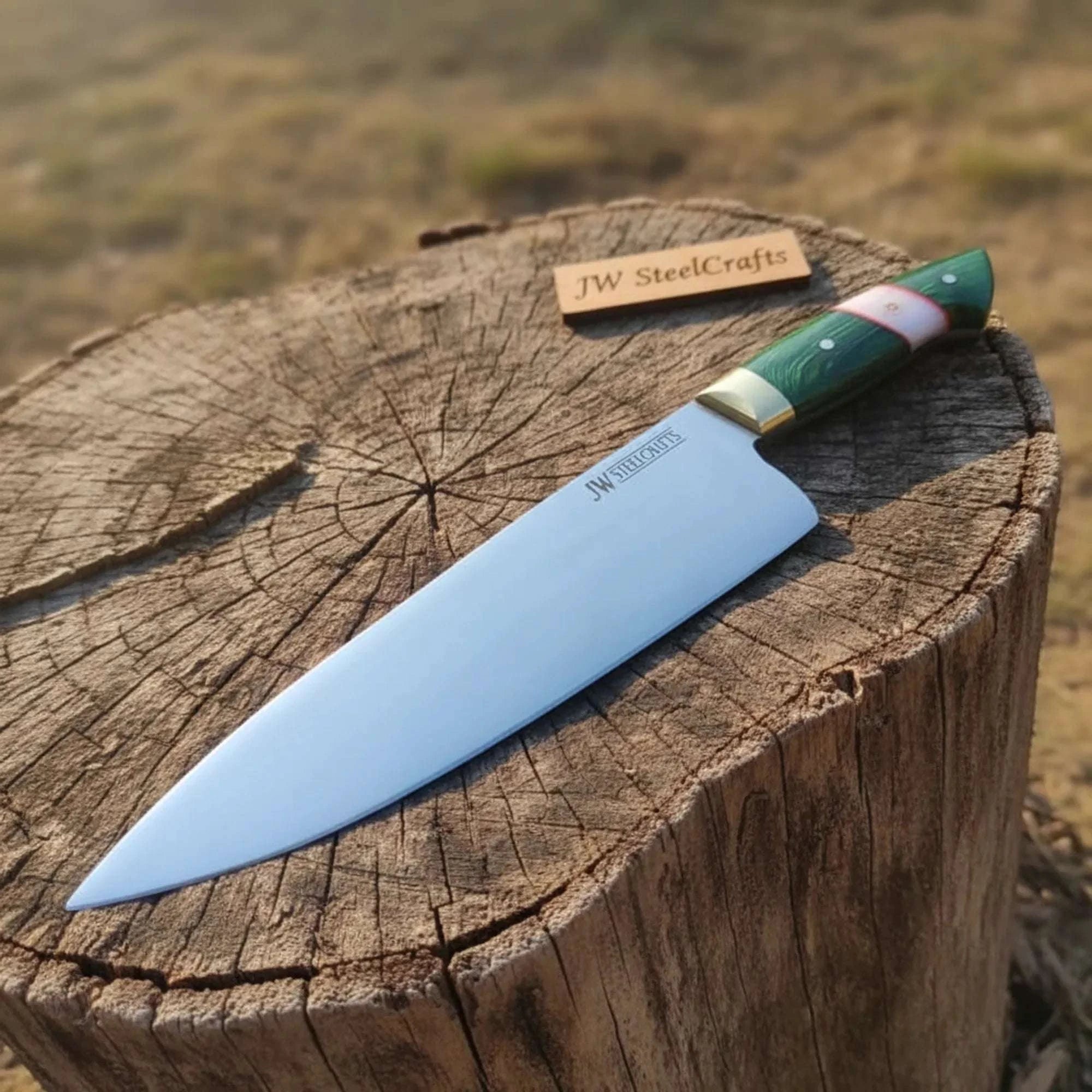 Palmarius Outdoors Carbon Steel Chef Knife 8” blade Green Handle Sharp Kitchen Knife 
