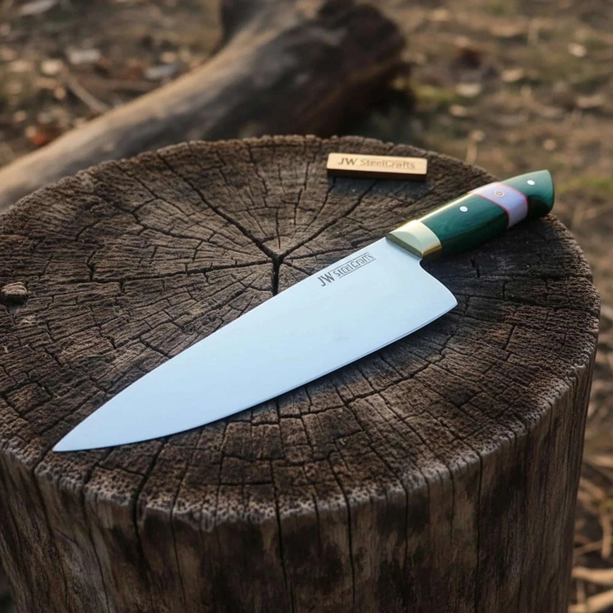 Palmarius Outdoors Carbon Steel Chef Knife 8” blade Green Handle Sharp Kitchen Knife 