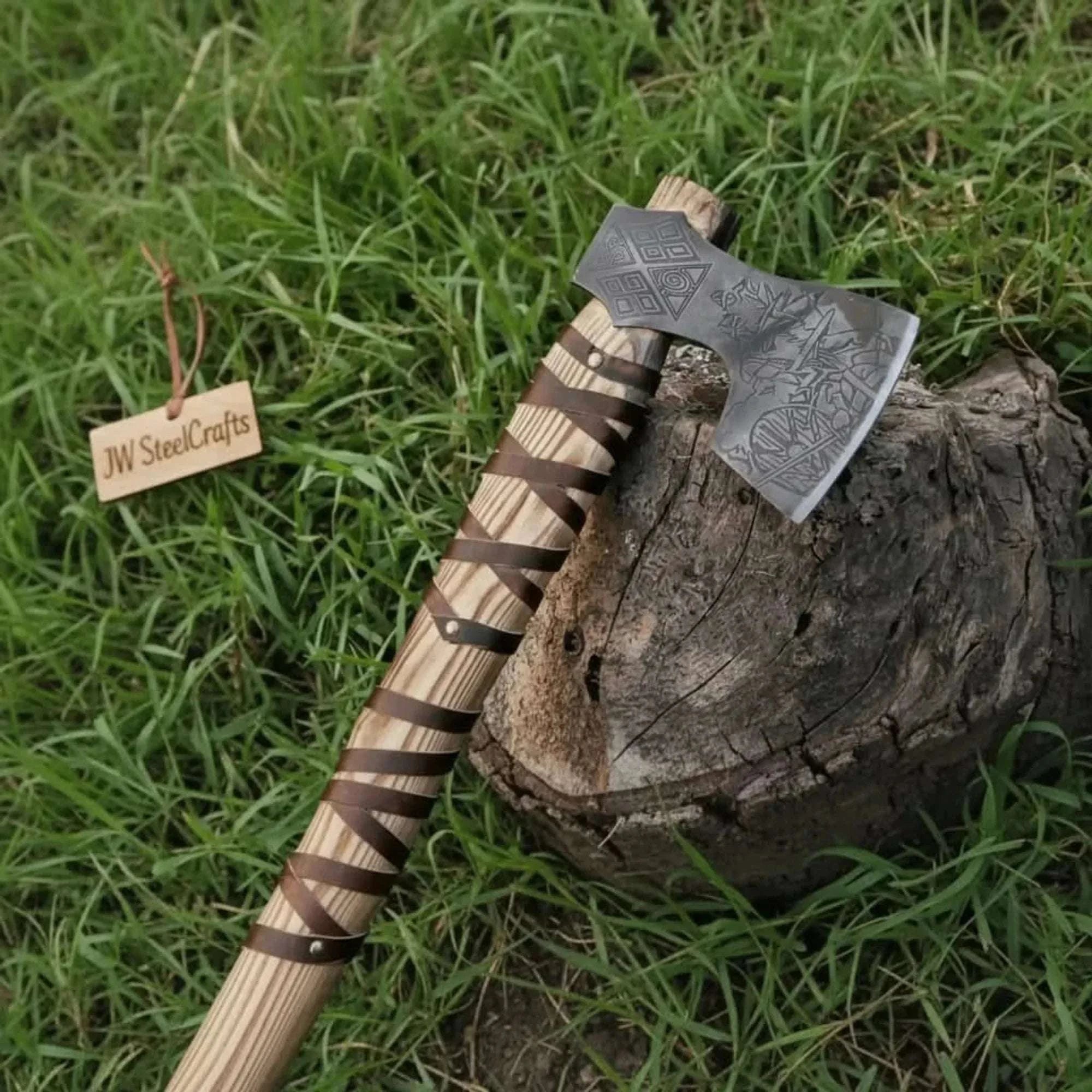 Palmarius Outdoors Handmade Viking Axe Carbon Steel Head with Engraved Handle 22 Inch Viking Axes