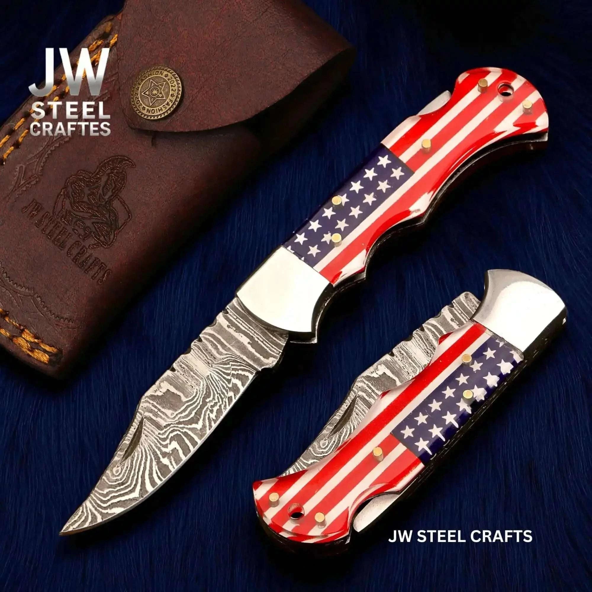 Palmarius Outdoors American Flag Damascus Folding Hunter with Ram Horn Handle Back Lock Folder