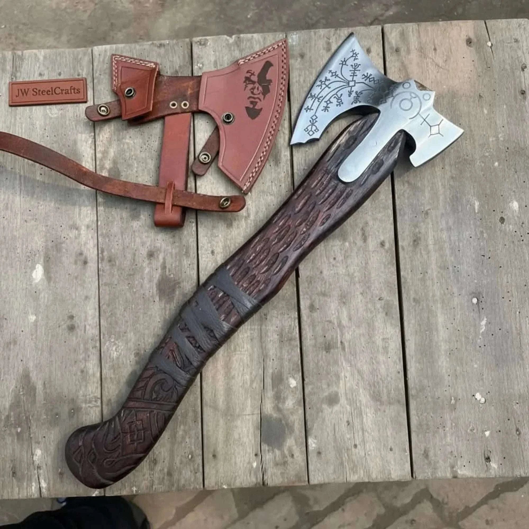 Palmarius Outdoors Engraved Leviathan Axe Replica with Carved Wood Handle Handmade Axe