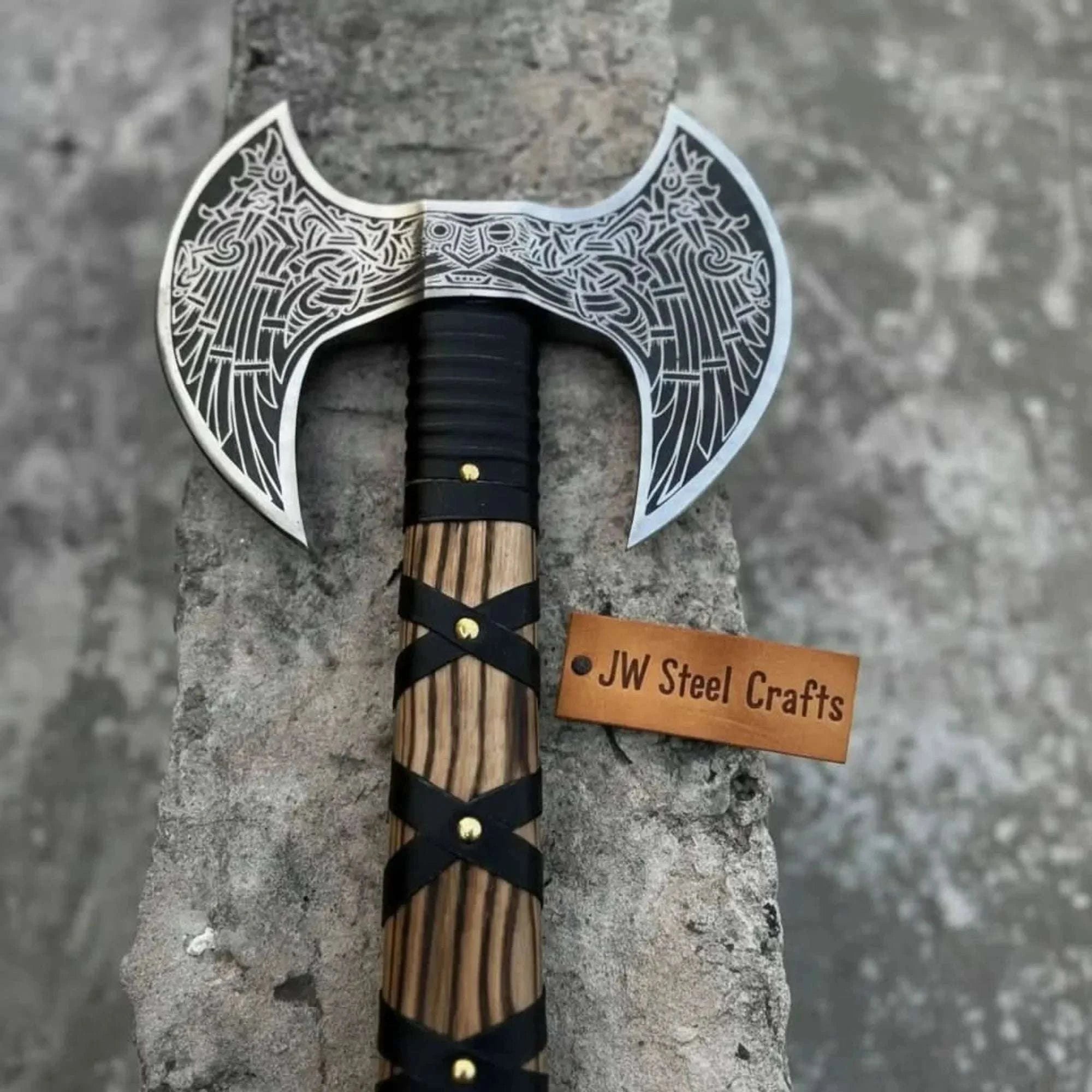 Palmarius Outdoors Hand Engraved Double Headed Viking Axe with Nordic Knotwork and Leather Wrapped Handle Handmade Axe