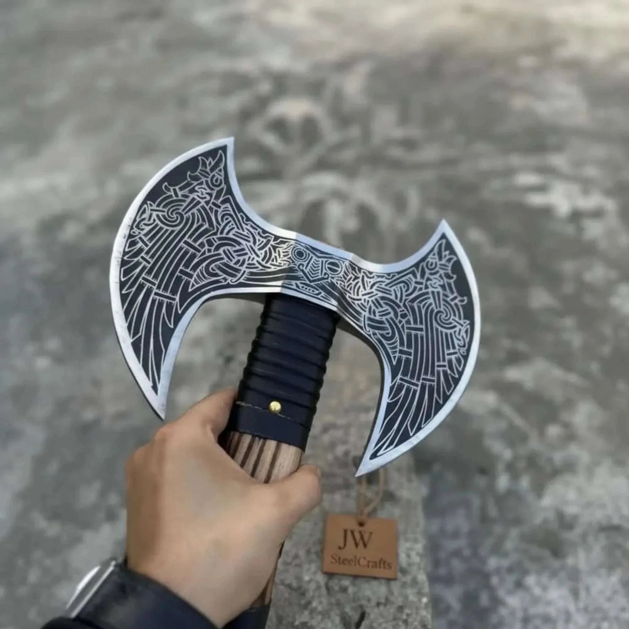 Palmarius Outdoors Hand Engraved Double Headed Viking Axe with Nordic Knotwork and Leather Wrapped Handle Handmade Axe