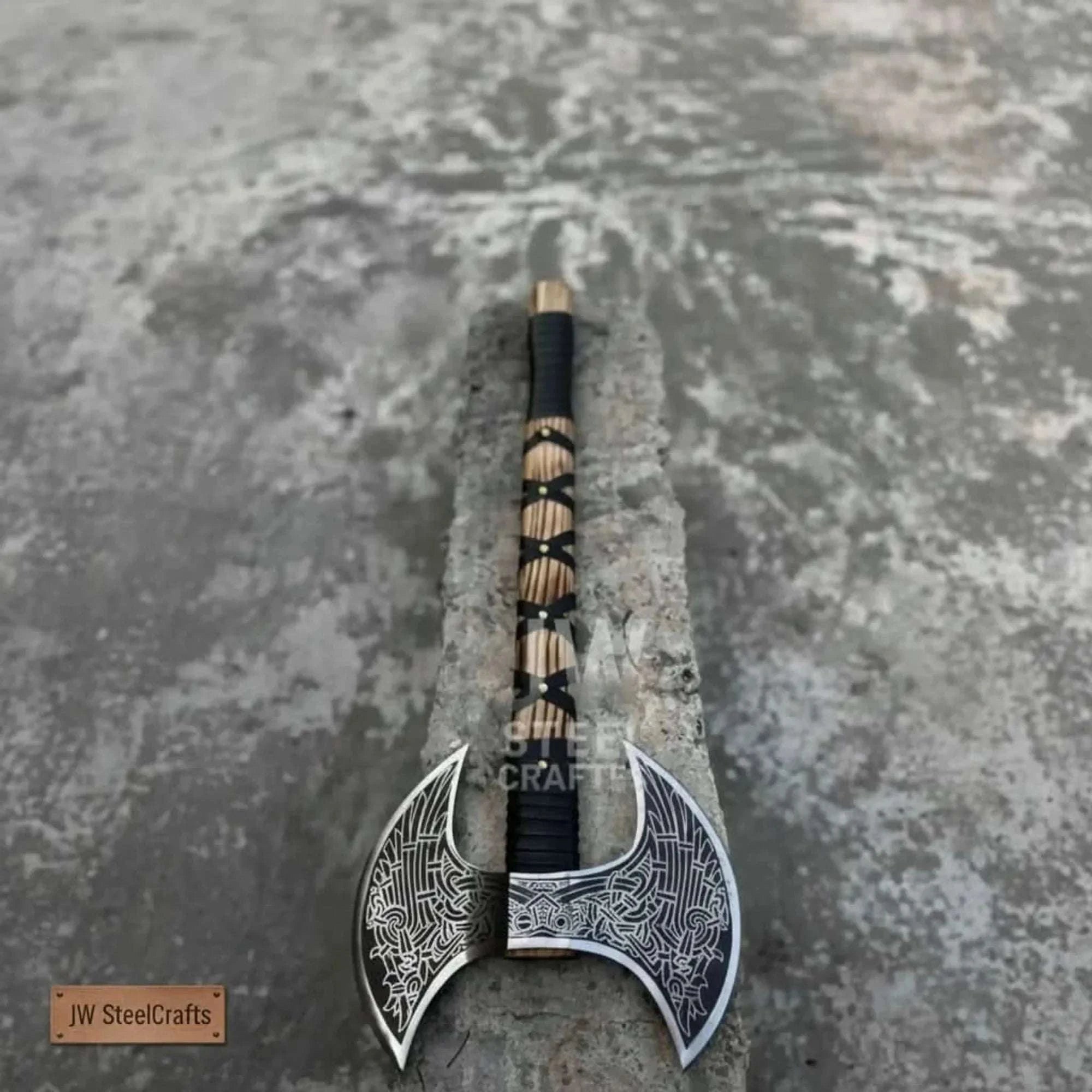 Palmarius Outdoors Hand Engraved Double Headed Viking Axe with Nordic Knotwork and Leather Wrapped Handle Handmade Axe