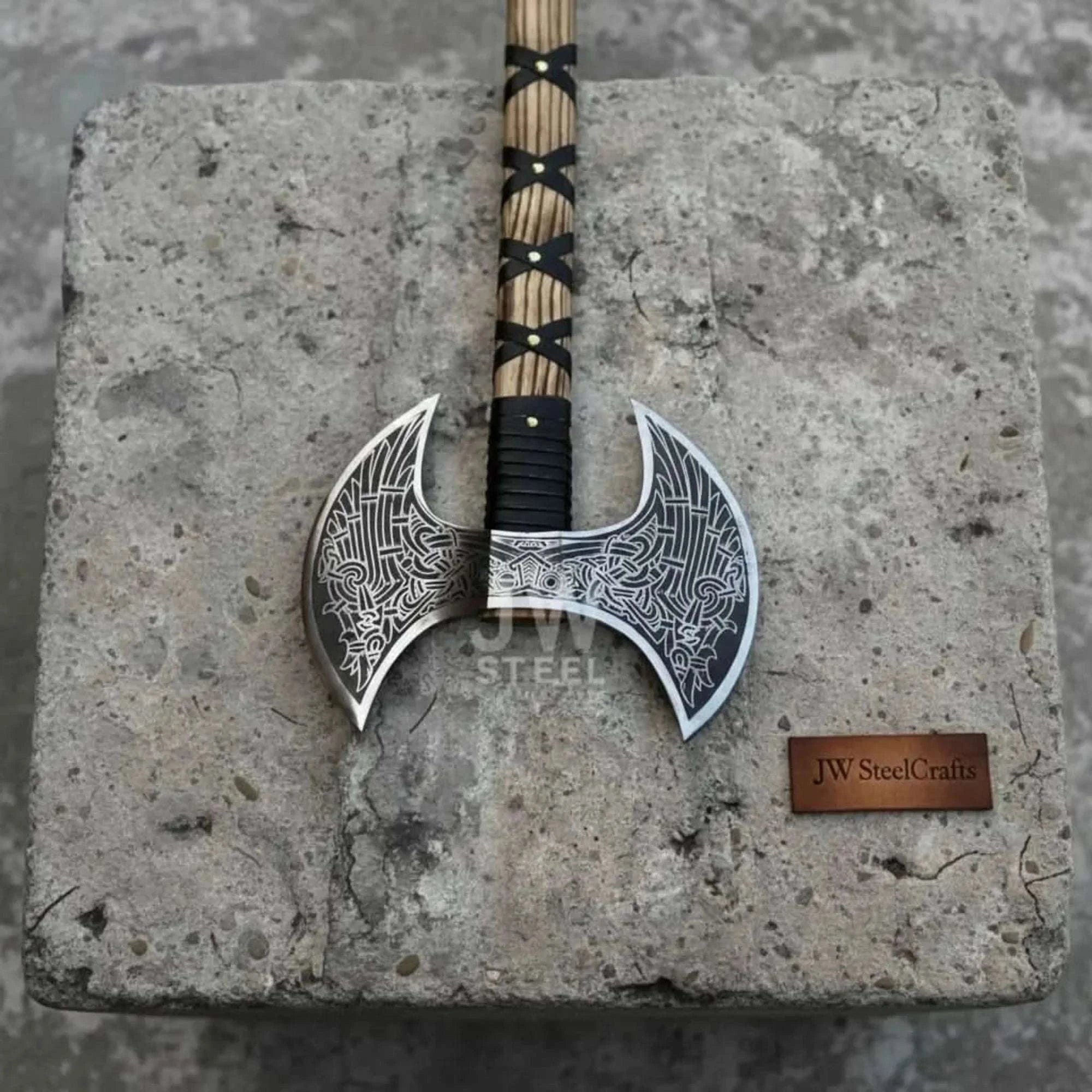 Palmarius Outdoors Hand Engraved Double Headed Viking Axe with Nordic Knotwork and Leather Wrapped Handle Handmade Axe