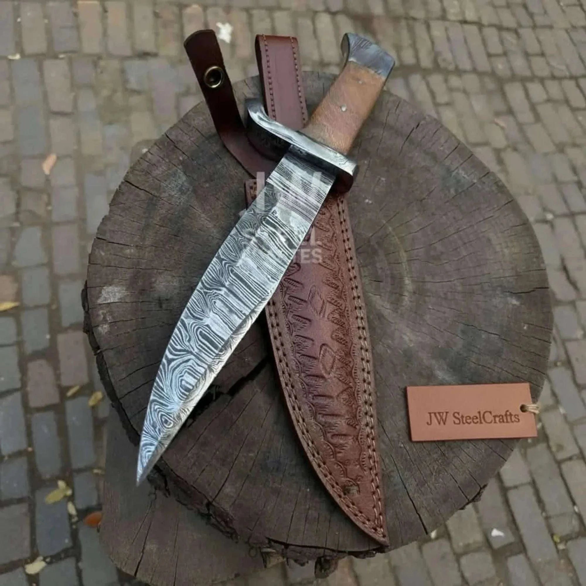 Palmarius Outdoors 14-Inch Damascus Frontier Bowie Knife — 9-Inch Blade, Lace Wood Coffin Handle, Steel Guard & Tooled Leather Sheath Coffin Handle Bowie Knives