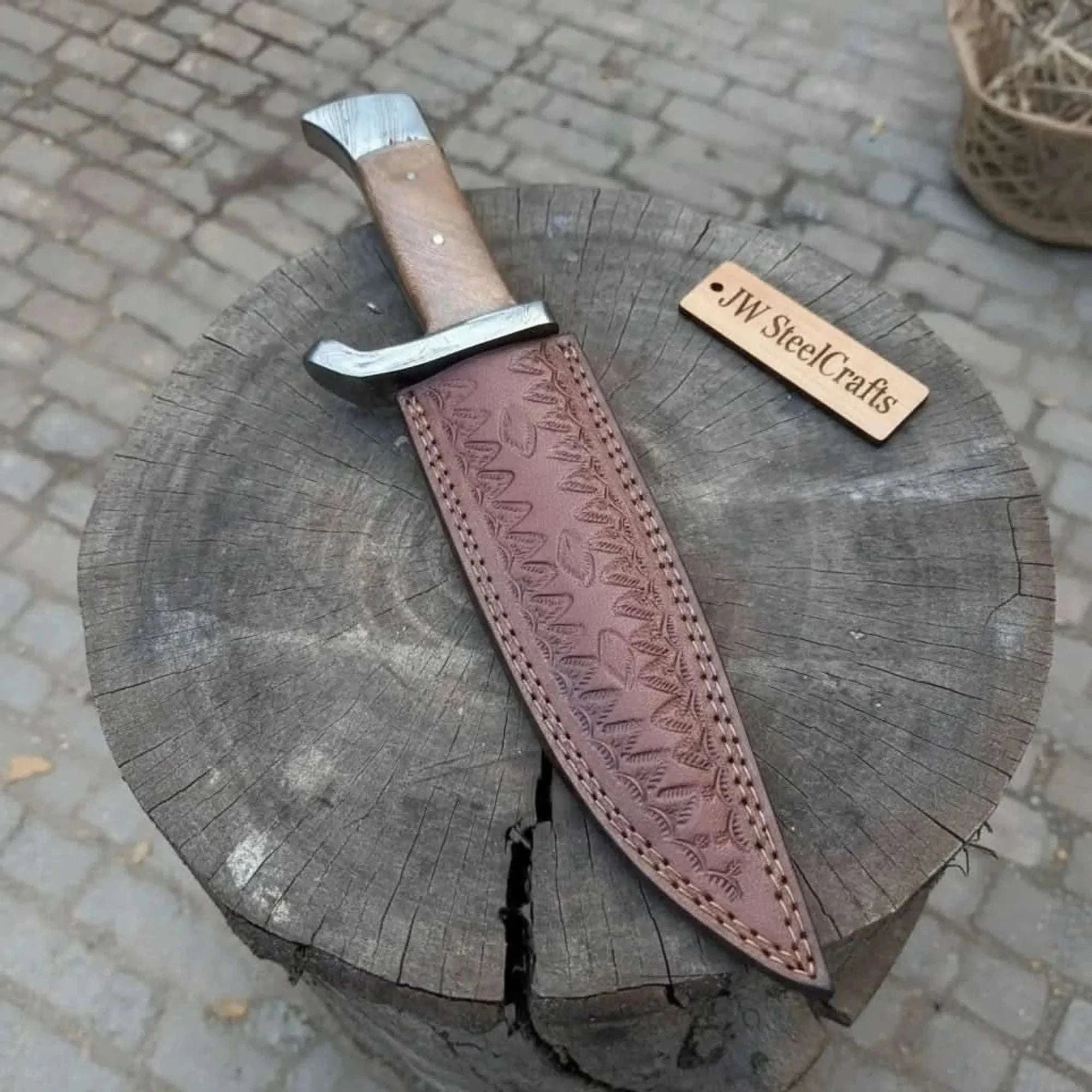 Palmarius Outdoors 14-Inch Damascus Frontier Bowie Knife — 9-Inch Blade, Lace Wood Coffin Handle, Steel Guard & Tooled Leather Sheath Coffin Handle Bowie Knives