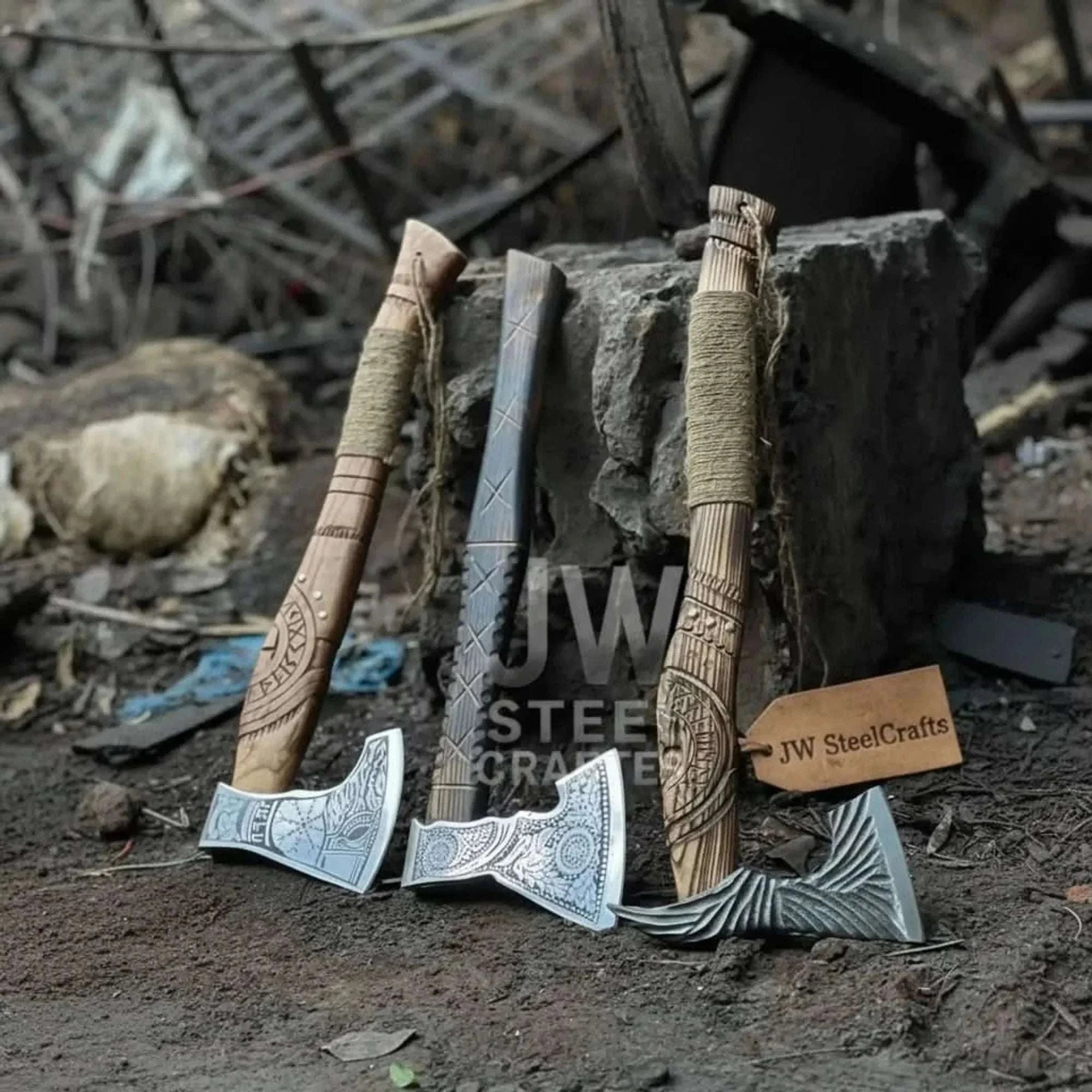 Palmarius Outdoors Norse Viking Axe Set with Engraved Steel Heads and Carved Hardwood Handles Handmade Axe