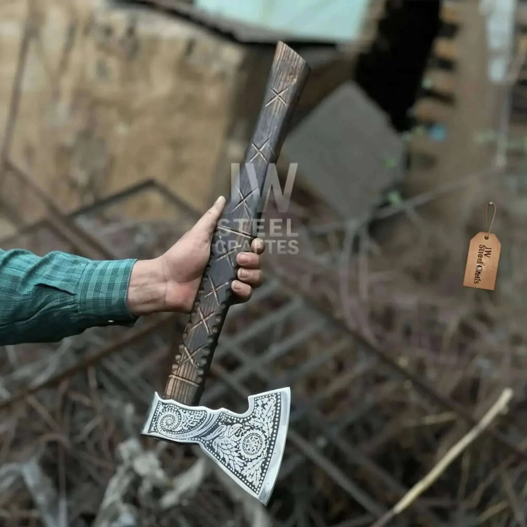 Palmarius Outdoors Norse Viking Axe Set with Engraved Steel Heads and Carved Hardwood Handles Handmade Axe