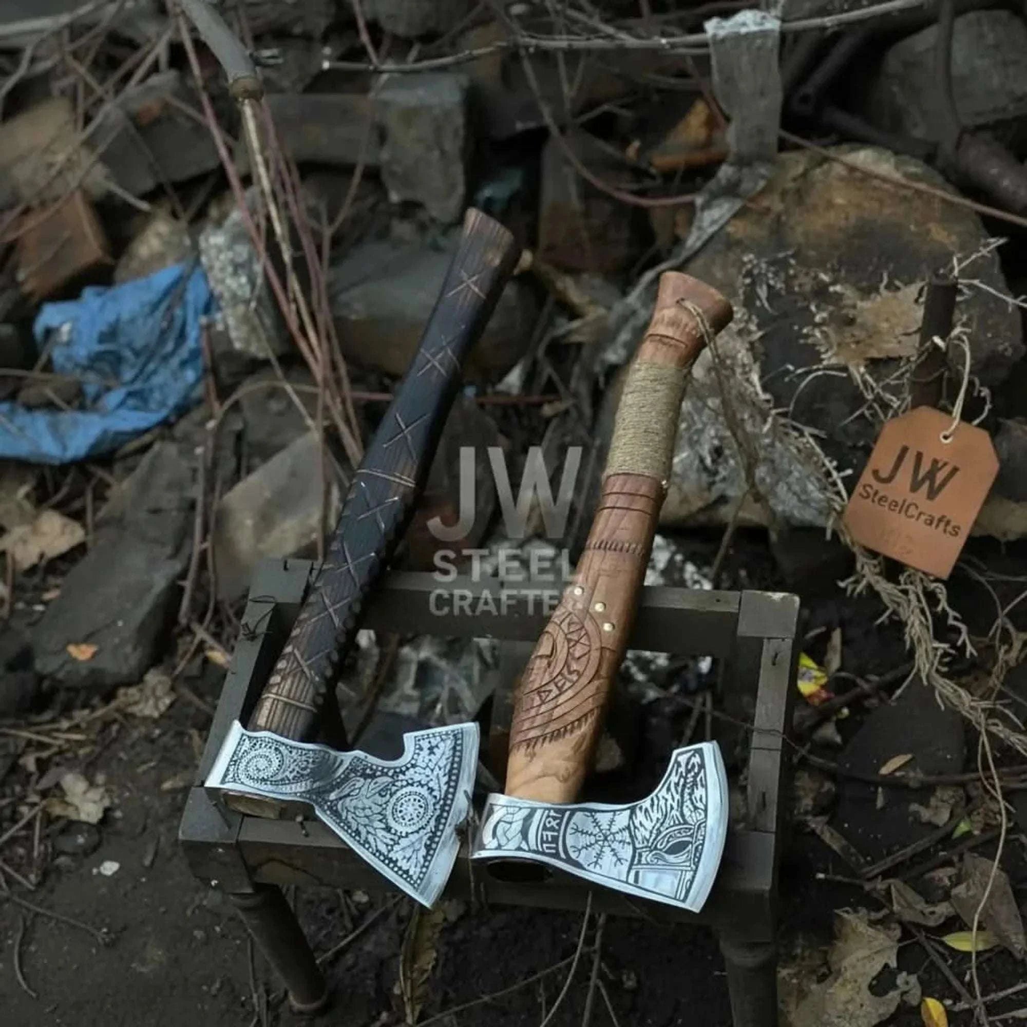 Palmarius Outdoors Norse Viking Axe Set with Engraved Steel Heads and Carved Hardwood Handles Handmade Axe