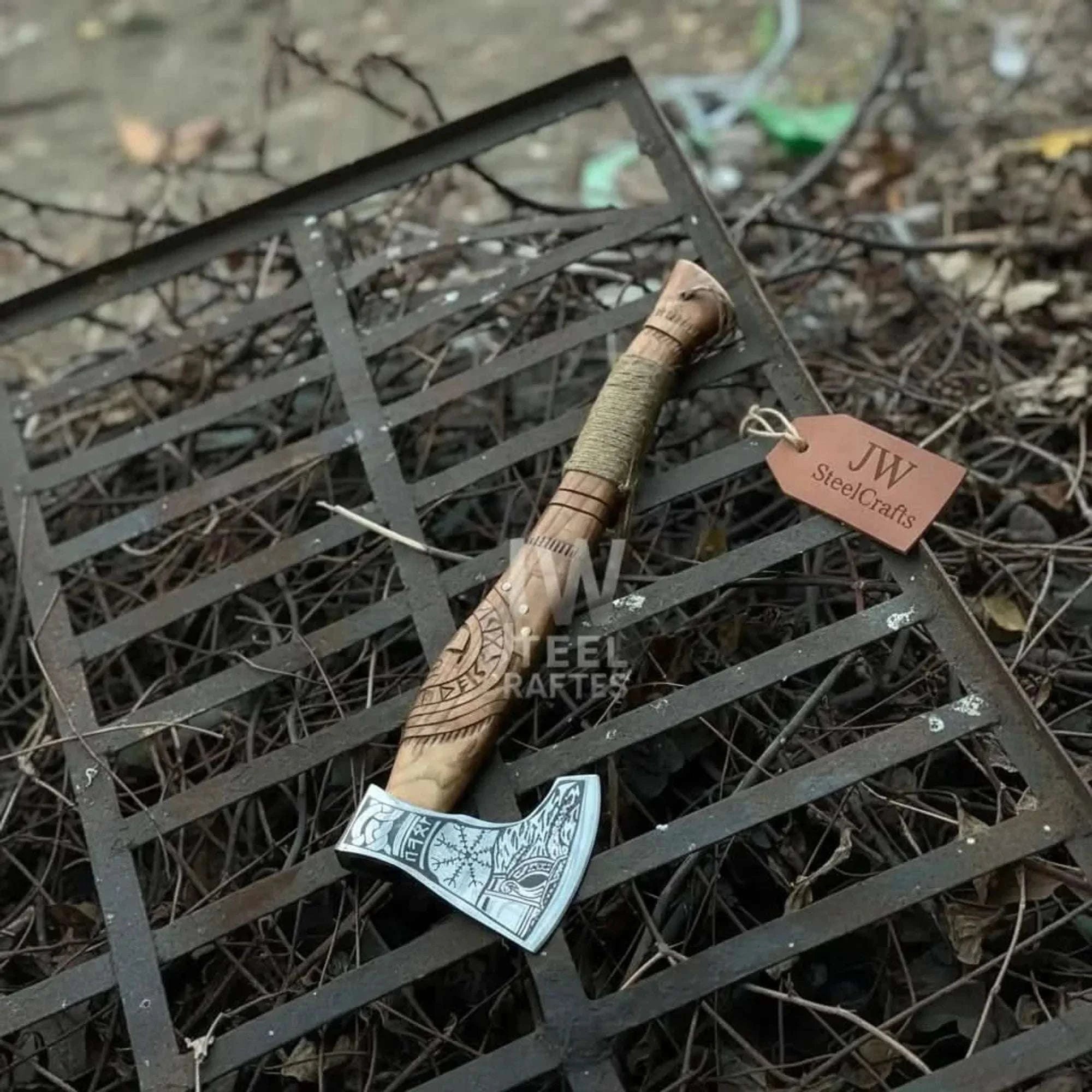 Palmarius Outdoors Norse Viking Axe Set with Engraved Steel Heads and Carved Hardwood Handles Handmade Axe