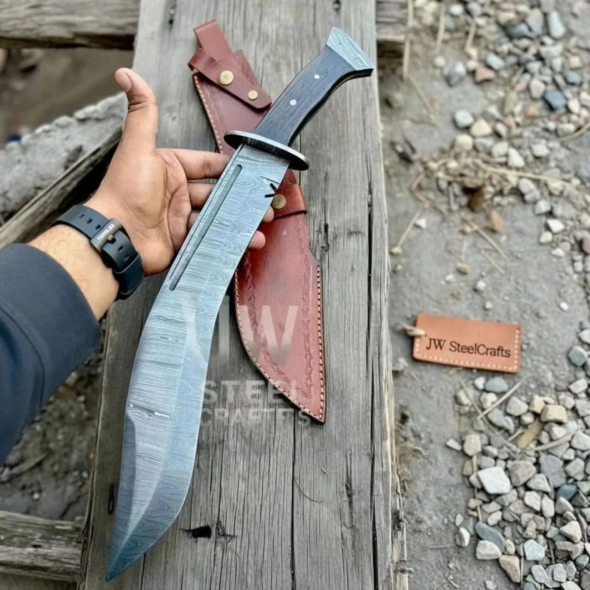 Palmarius Outdoors Handmade Kukri Bowie Knife Damascus Steel Recurve Blade Full Tang with Leather Sheath – JW SteelCrafts Bowie Knives
