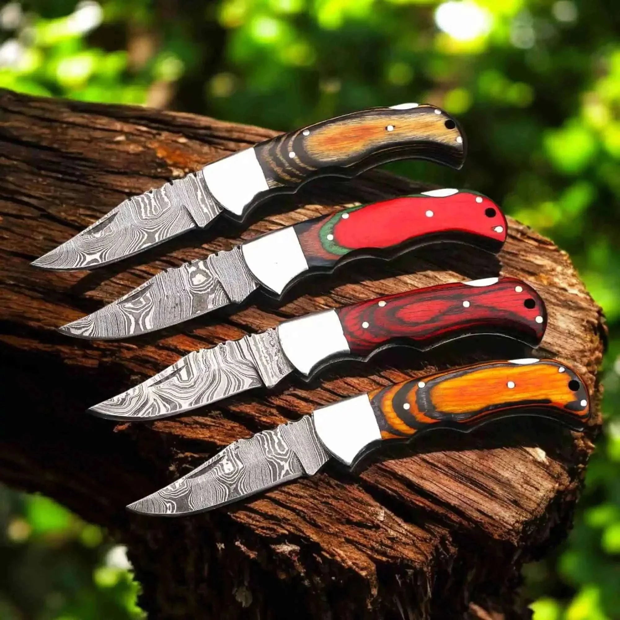 Palmarius Outdoors Hand-Filed Damascus Lockback Folder Set with Pakka Wood Handle Back Lock Folder
