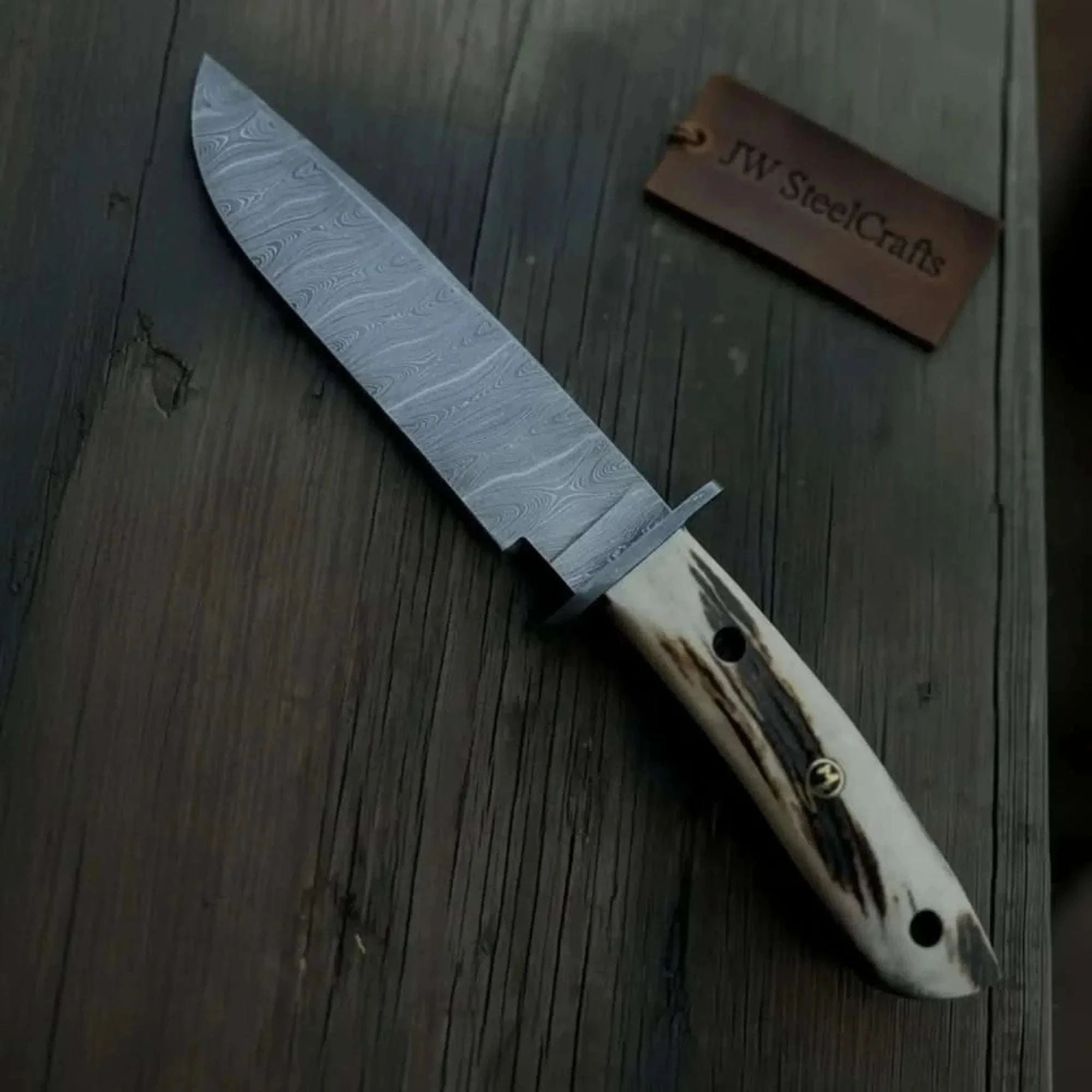 Palmarius Outdoors Handmade Damascus Hunting Knife with Stag Antler Bowie Blade Damascus Bowie Knives