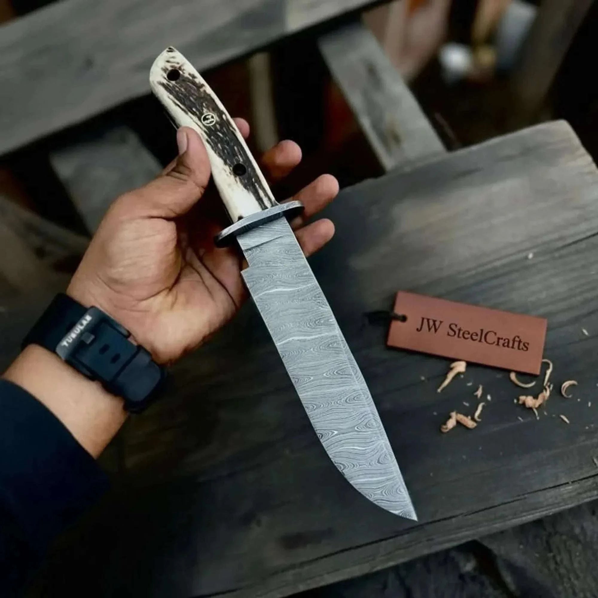 Palmarius Outdoors Handmade Damascus Hunting Knife with Stag Antler Bowie Blade Damascus Bowie Knives